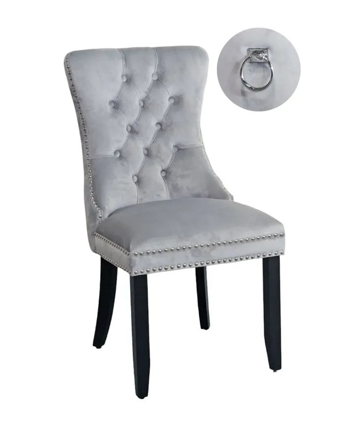 Rivington Knocker Back Light Grey Dining Chair, Tufted Velvet Fabric Upholstered with Black Wooden Legs