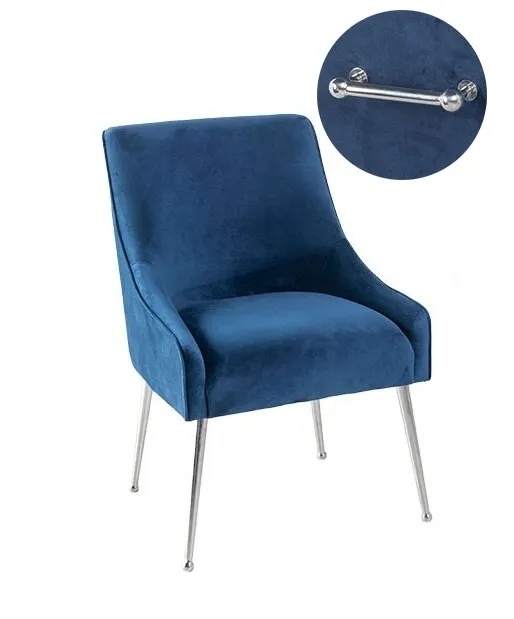 Giovanni Blue Dining Chair, Velvet Fabric Upholstered with Back Handle and Chrome Legs