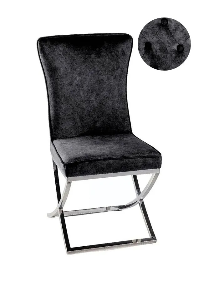 Lyon Cross Leg Black Dining Chair, Plush Velvet Fabric with Tufted Buttoned Back and Chrome Metal Base