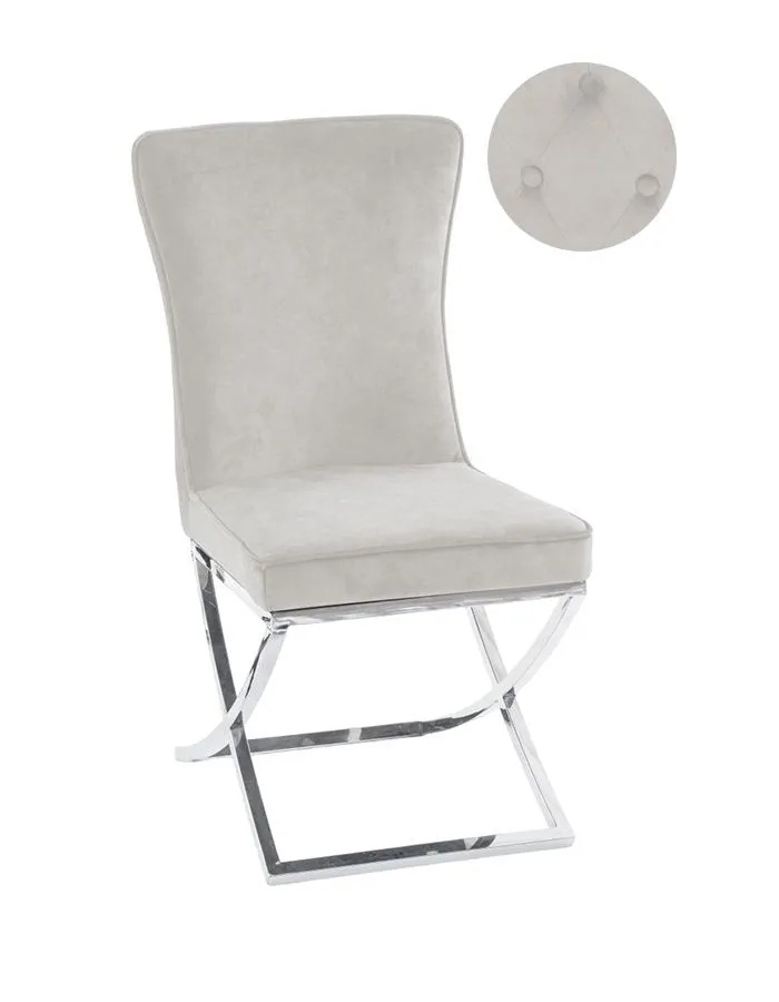 Lyon Cross Leg Champagne Dining Chair, Plush Velvet Fabric with Tufted Buttoned Back and Chrome Metal Base