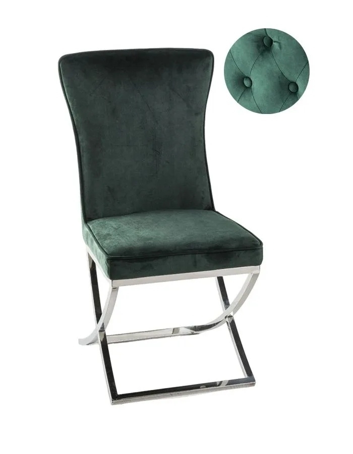 Lyon Cross Leg Green Dining Chair, Plush Velvet Fabric with Tufted Buttoned Back and Chrome Metal Base