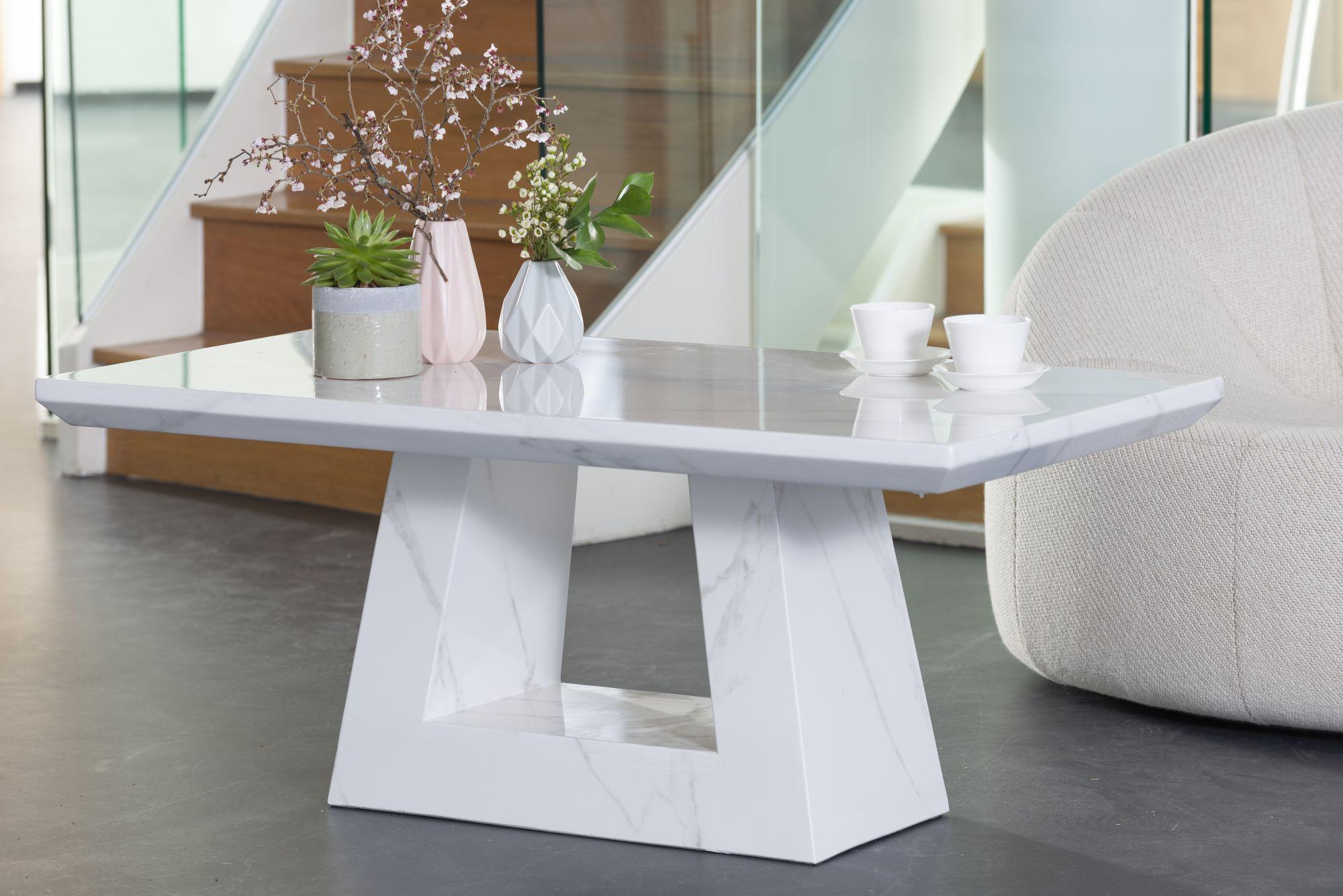 Milan Marble Coffee Table White Rectangular Top with Triangular Pedestal Base