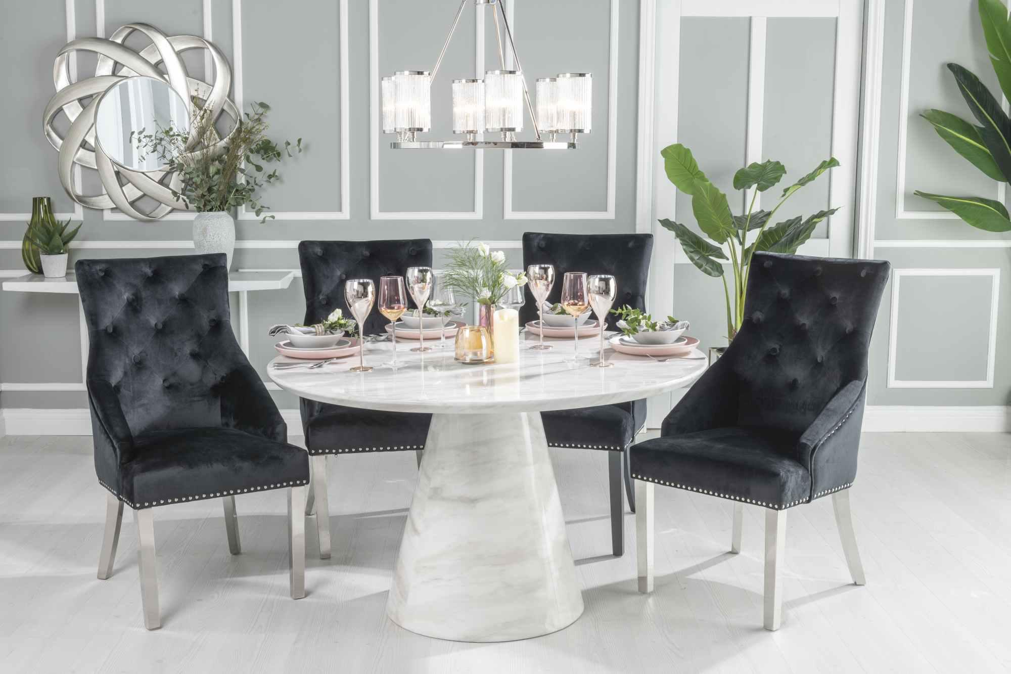 Carrera Marble Dining Table Set for 4 to 6 Diners 130cm Round White Top with Cone Pedestal Base - Black Knockerback Chairs
