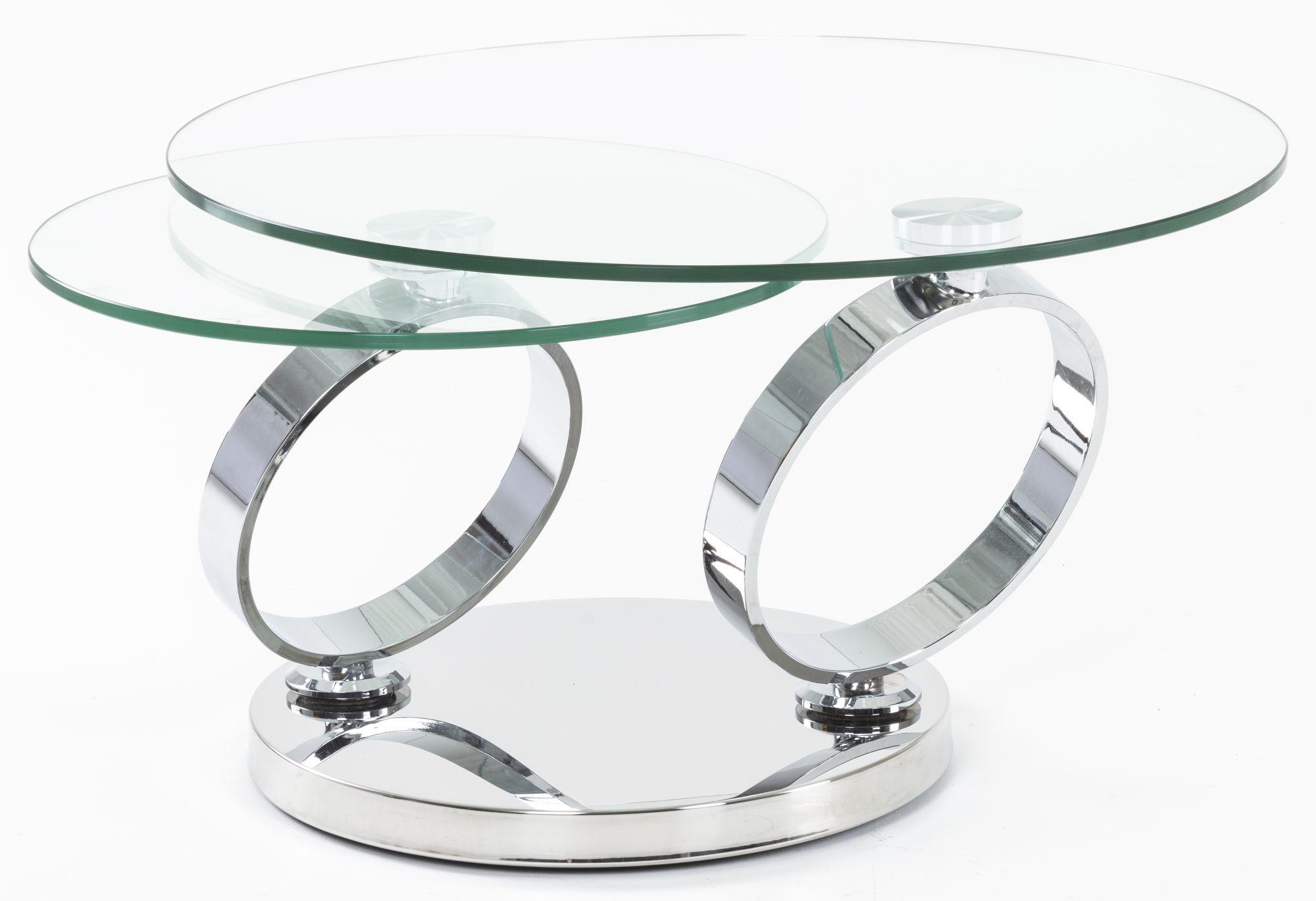 Circles Swivel Glass Coffee Table, 2 Tier Round Rotating Glass Top with Stainless Steel Chrome Frame