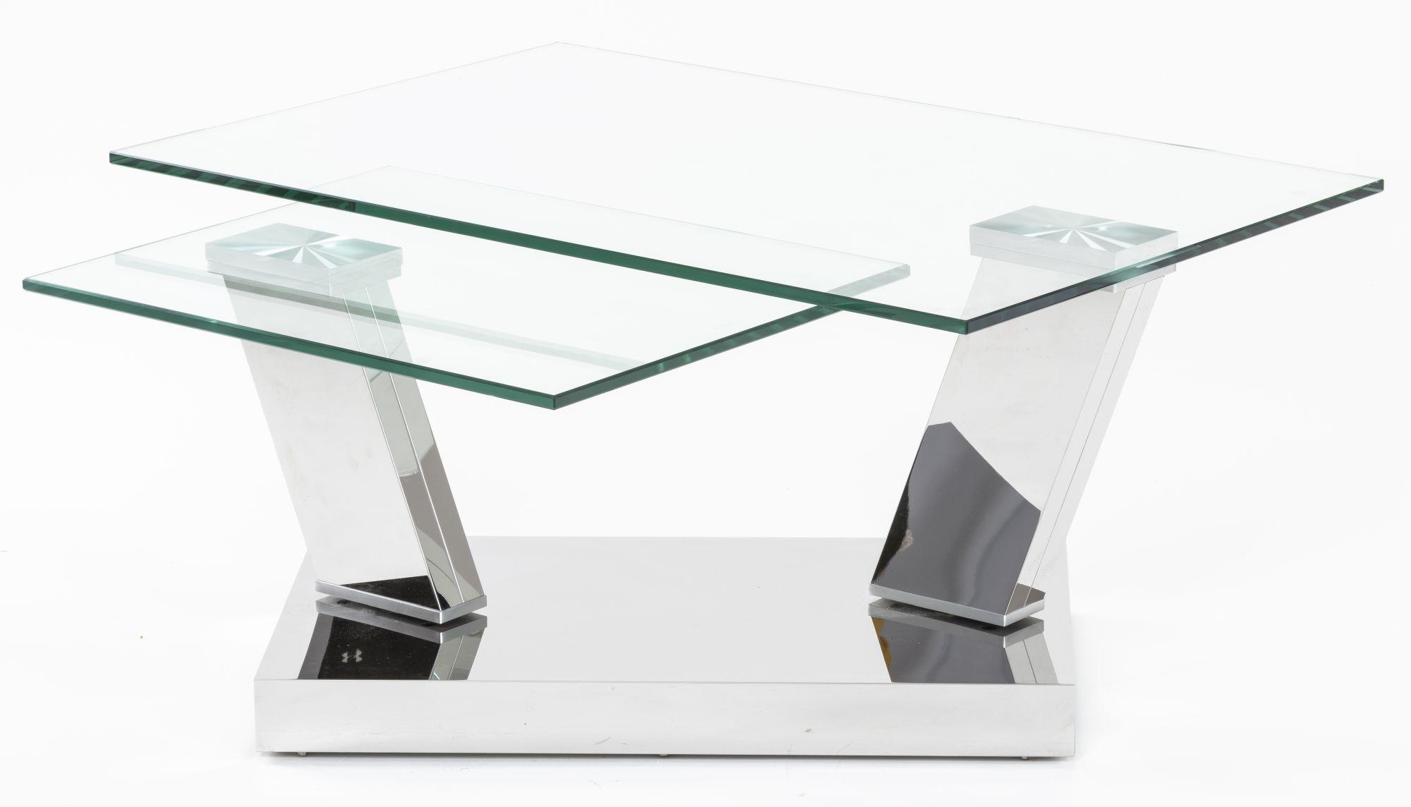 Fusion Swivel Glass Coffee Table, 2 Tier Rotating Glass Wings with Stainless Steel Chrome Frame