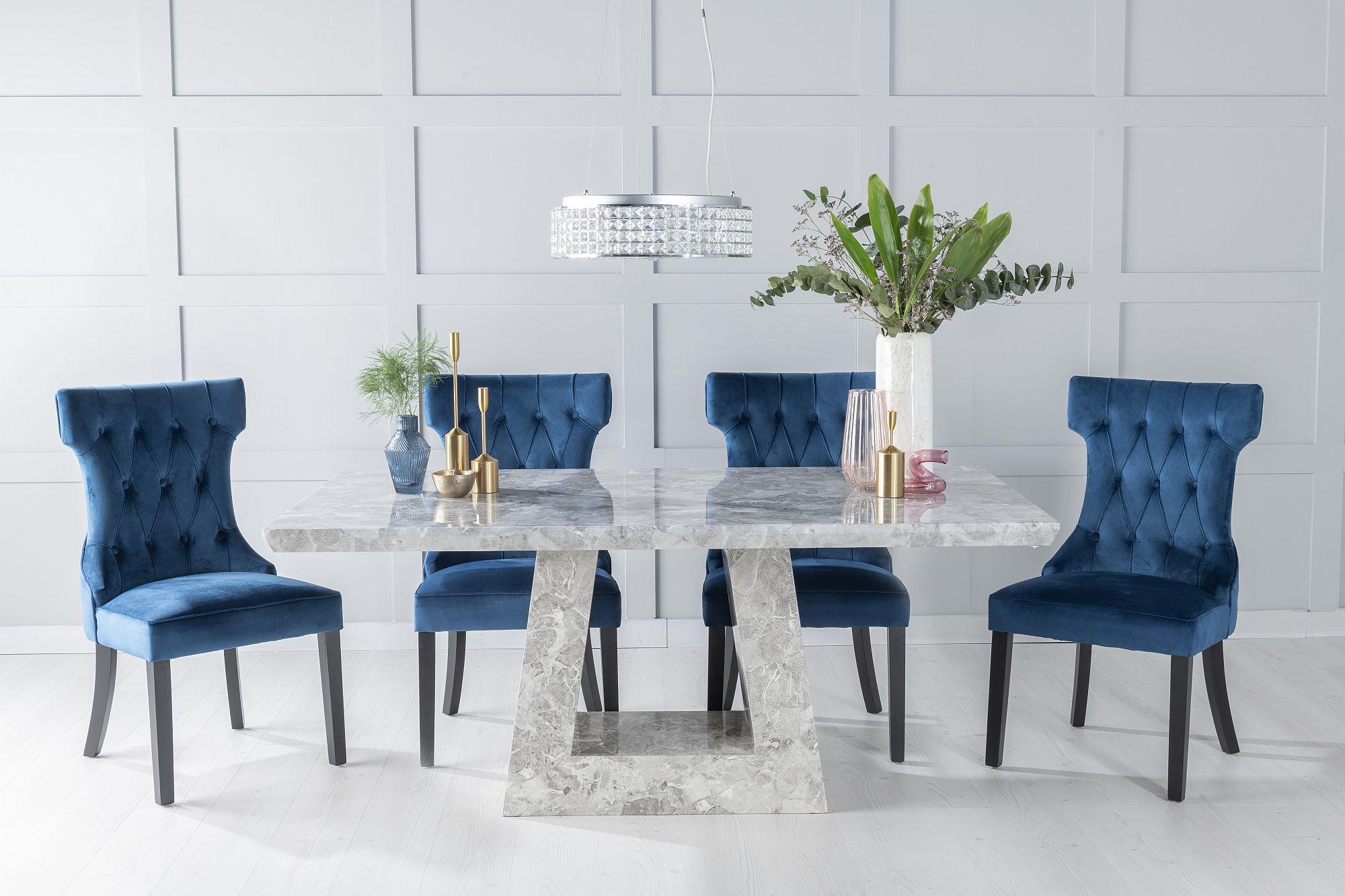 Milan Marble Dining Table Set, Rectangular Grey Top and Triangular Pedestal Base with Courtney Blue Fabric Chairs