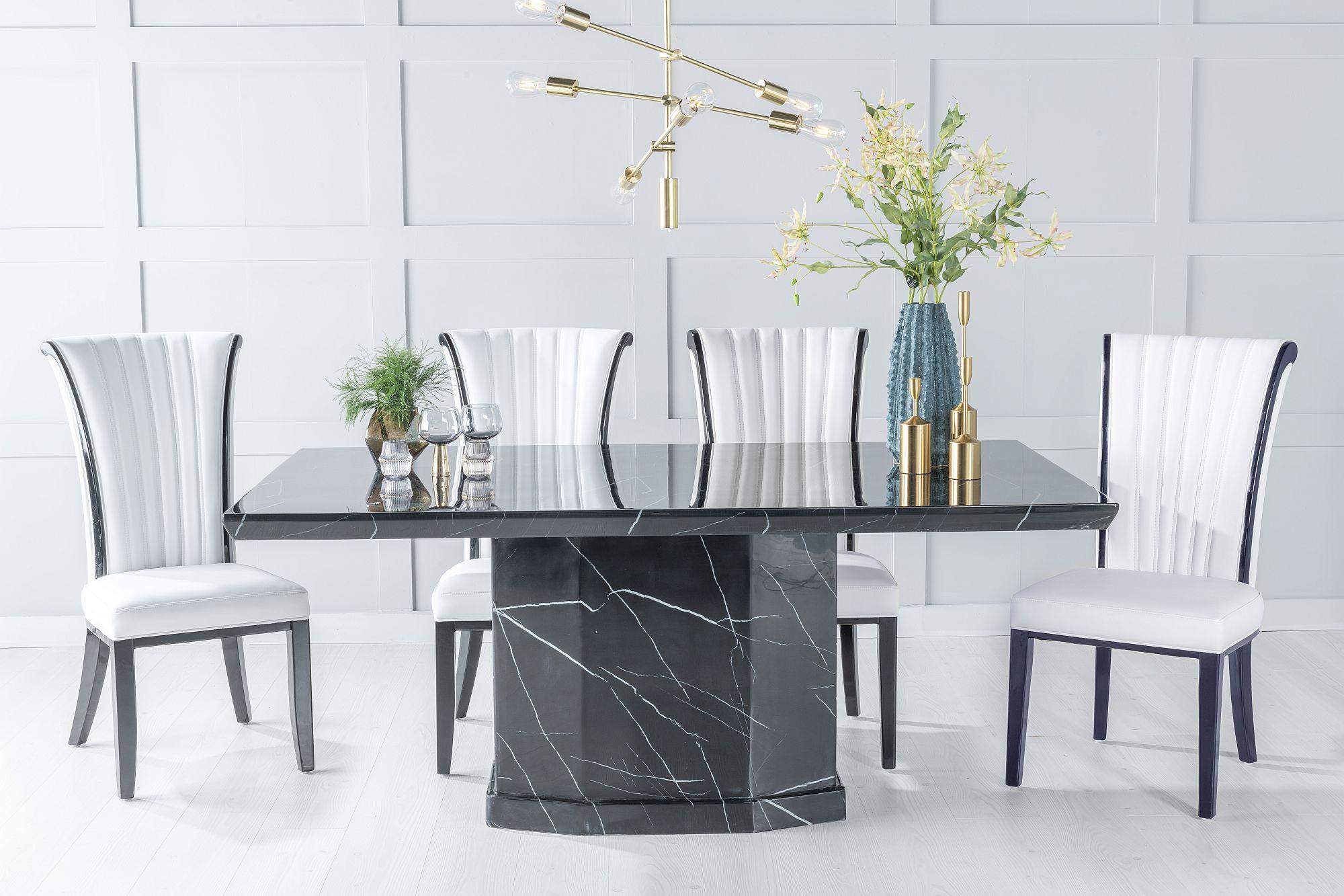 Naples Marble Dining Table Set, Rectangular Black Top and Pedestal Base with Cadiz White Faux Leather Chairs