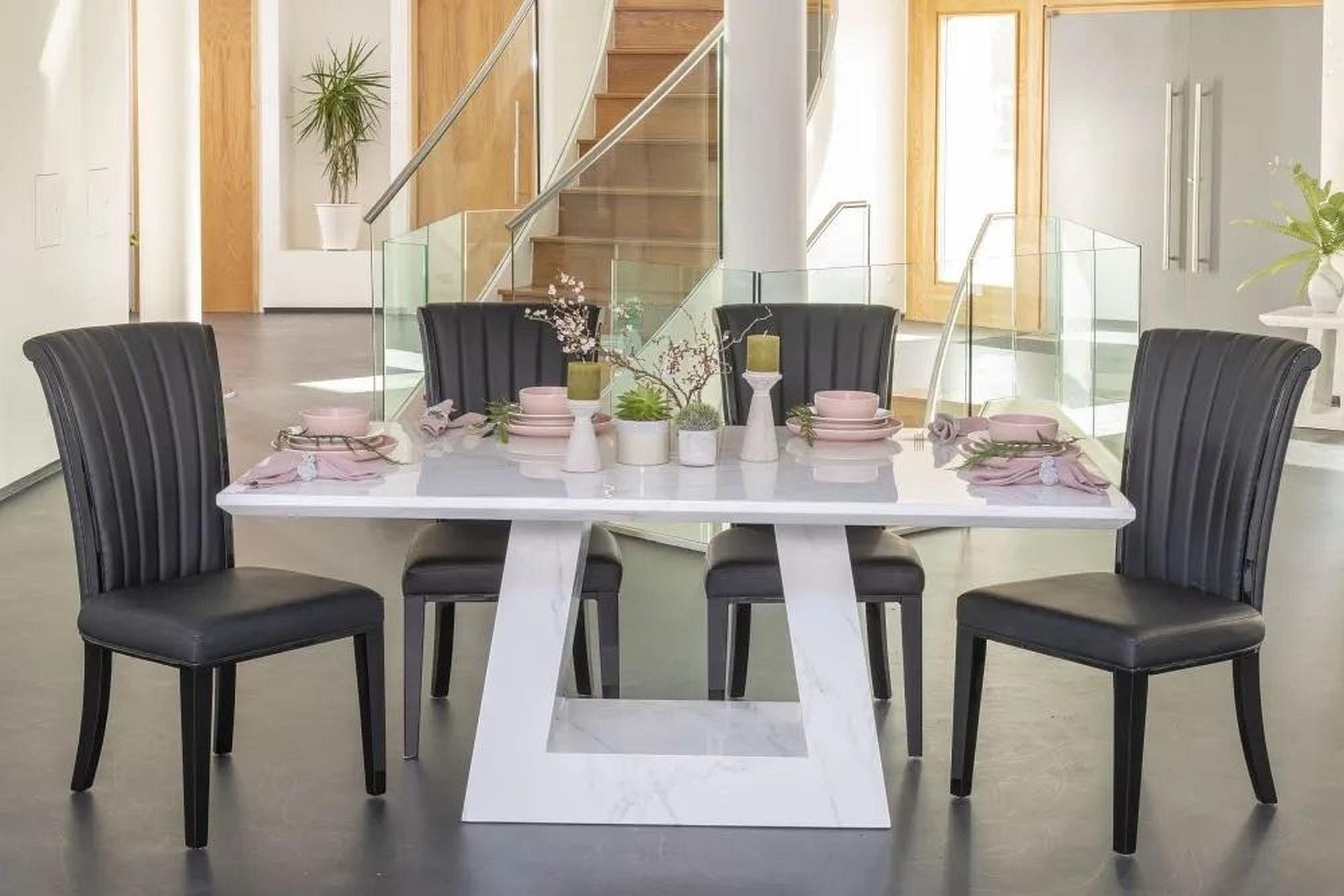 Milan Marble Dining Table Set, Rectangular White Top and Triangular Pedestal Base with Cadiz Black Faux Leather Chairs