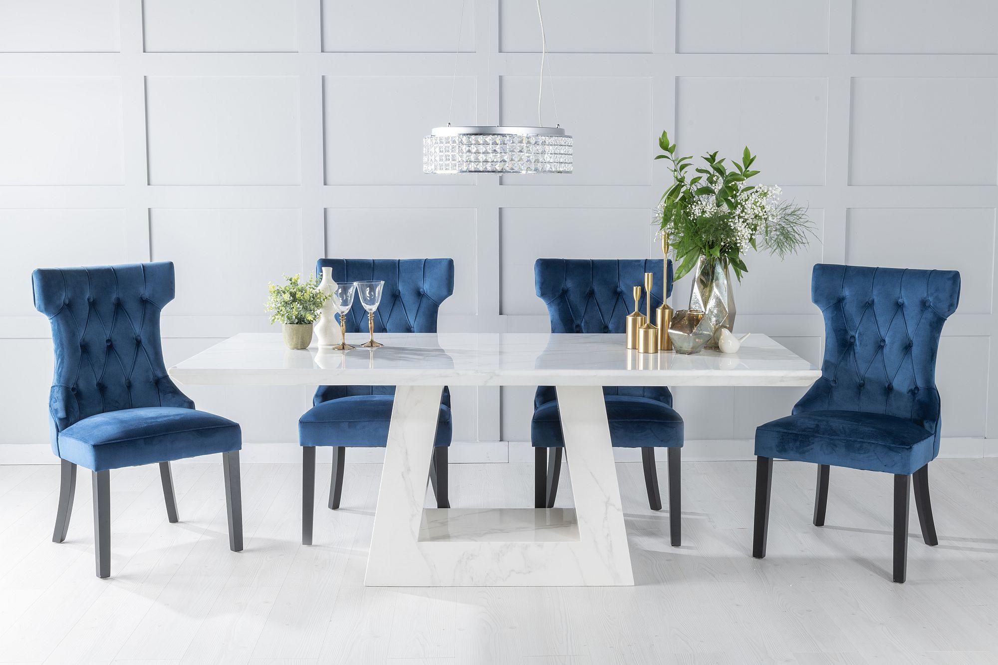 Milan Marble Dining Table Set, Rectangular White Top and Triangular Pedestal Base with Courtney Blue Fabric Chairs