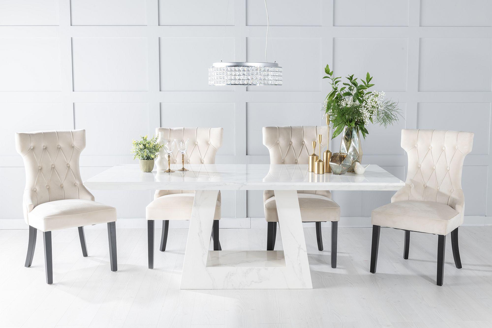 Milan Marble Dining Table Set, Rectangular White Top and Triangular Pedestal Base with Courtney Champagne Fabric Chairs