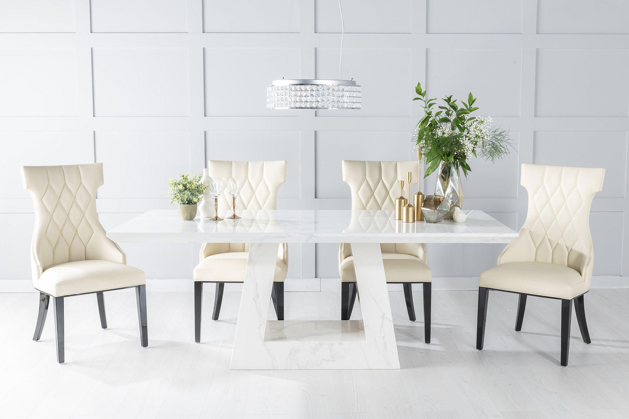 Milan Marble Dining Table Set, Rectangular White Top and Triangular Pedestal Base with Mimi Cream Faux Leather Chairs