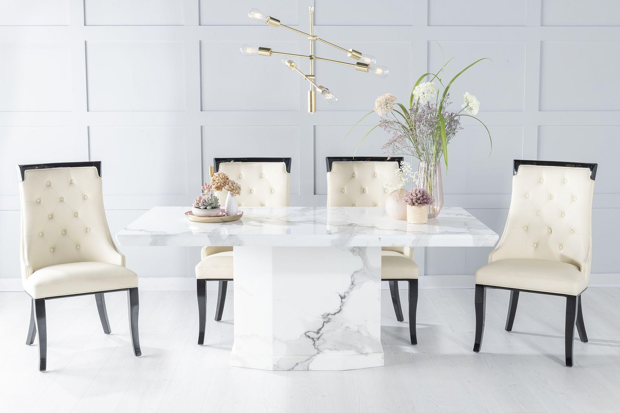 Naples Marble Dining Table Set, Rectangular White Top and Pedestal Base with Carmela Cream Faux Leather Chairs