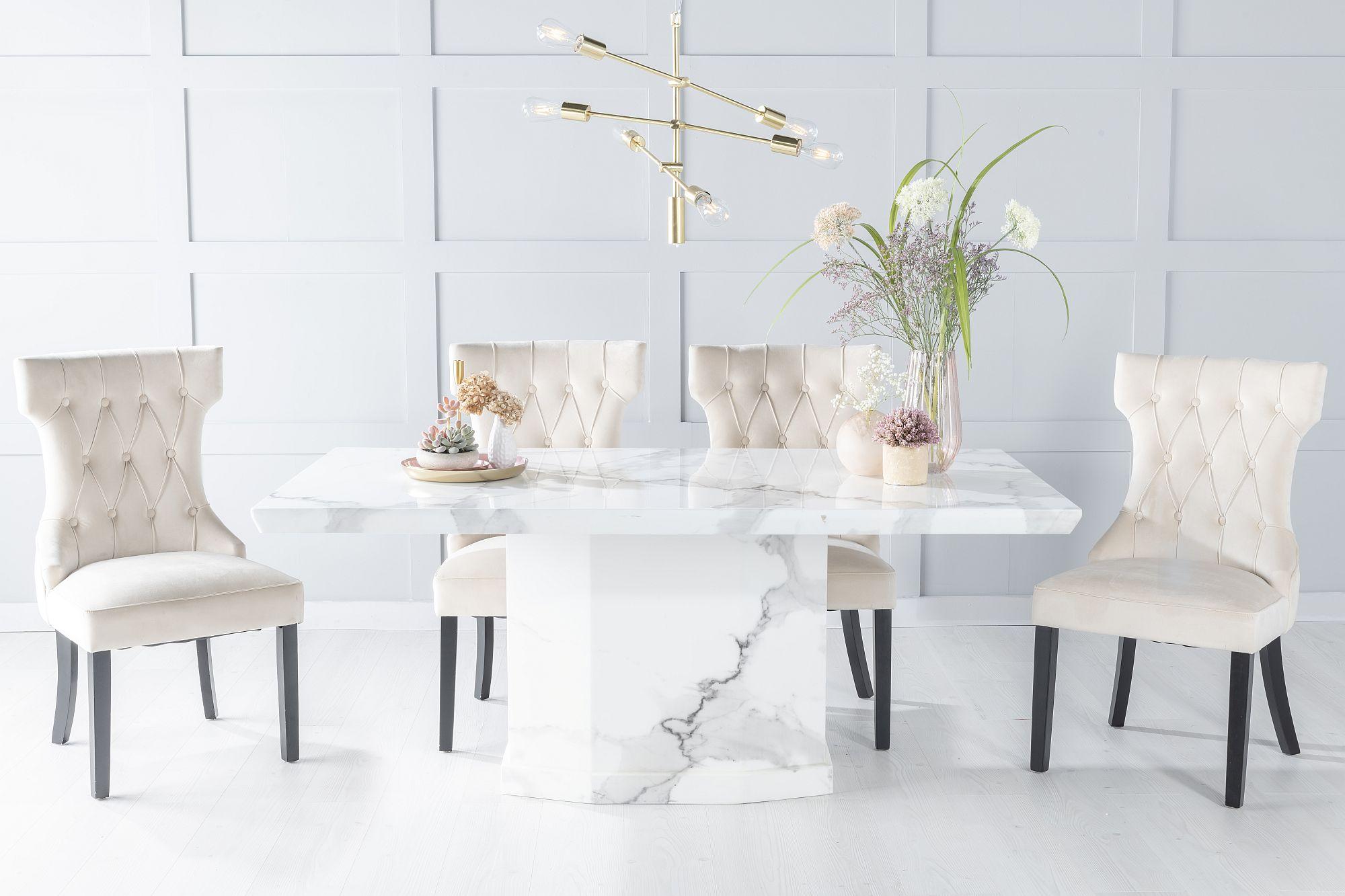 Naples Marble Dining Table Set, Rectangular White Top and Pedestal Base with Courtney Champagne Fabric Chairs