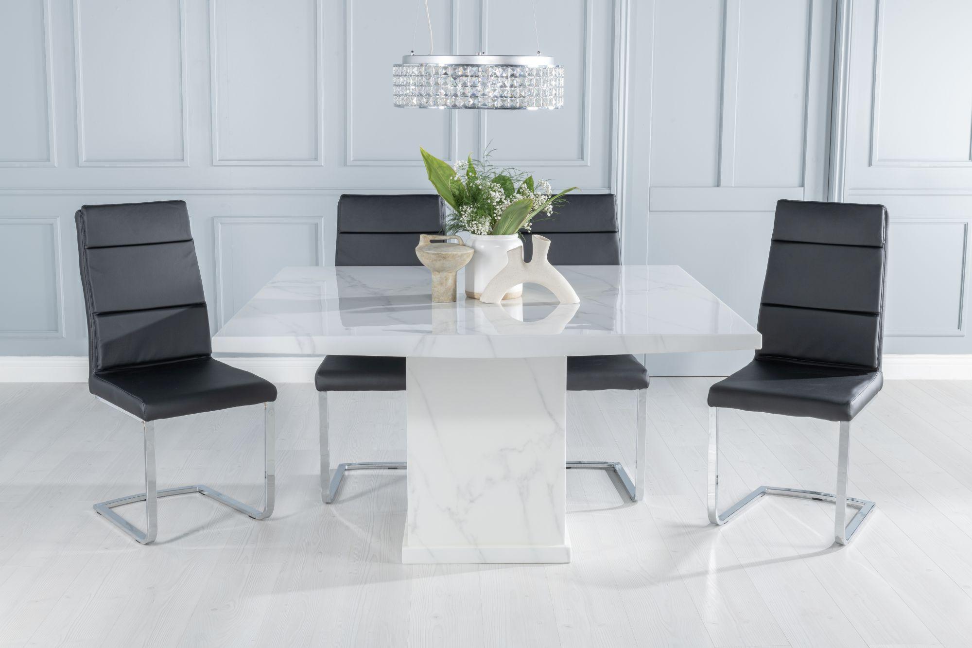 Turin Marble Dining Table, Square White Top and Pedestal Base with Arabella Black Faux Leather Chairs