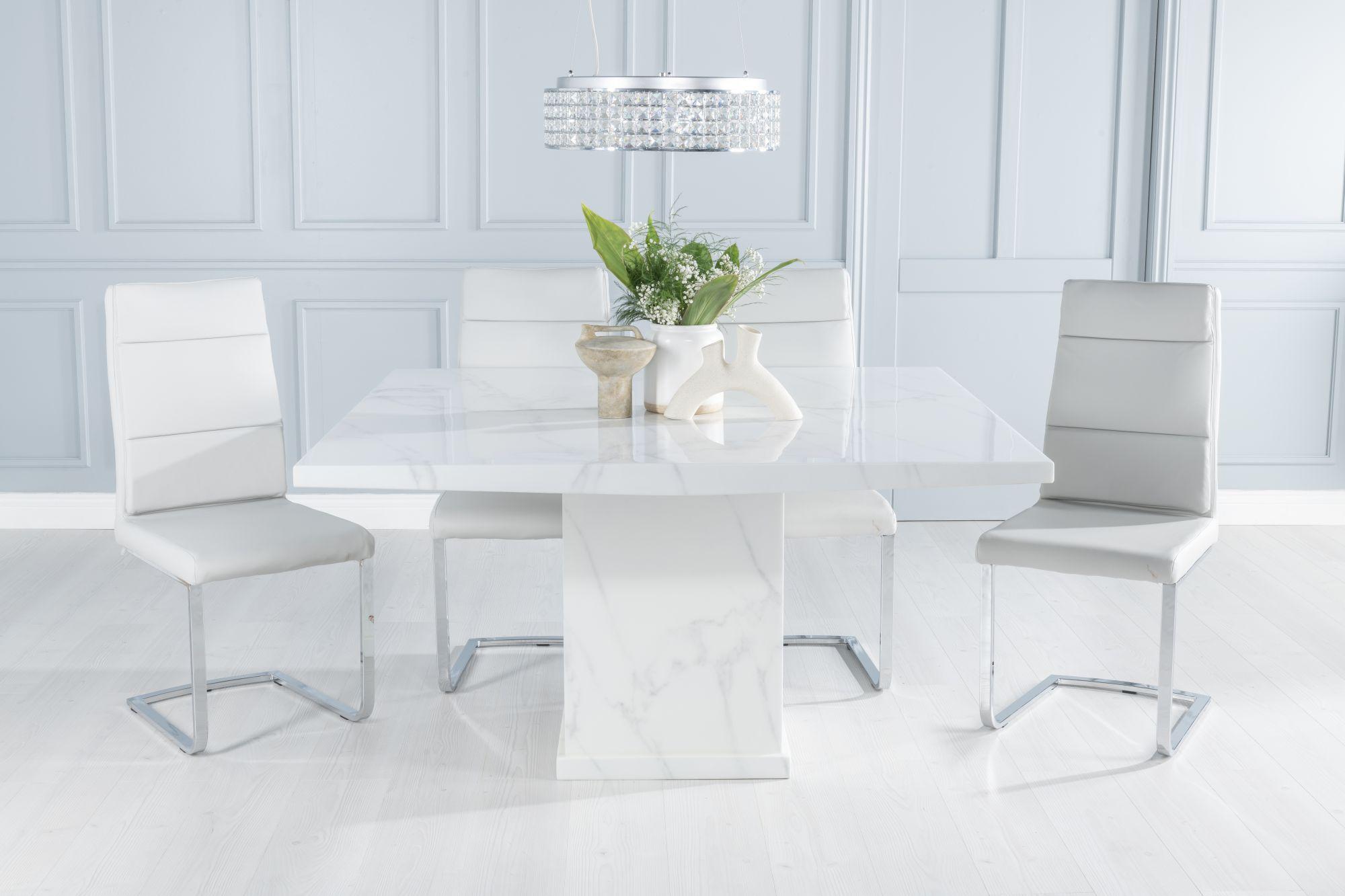 Turin Marble Dining Table, Square White Top and Pedestal Base with Arabella Grey Faux Leather Chairs