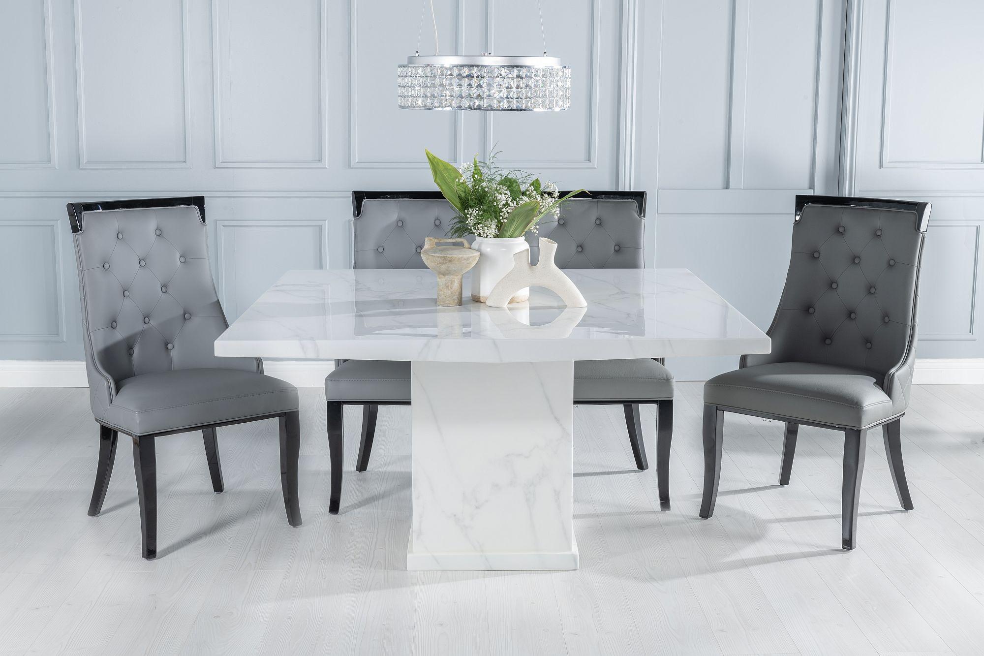 Turin Marble Dining Table, Square White Top and Pedestal Base with Carmela Grey Faux Leather Chairs