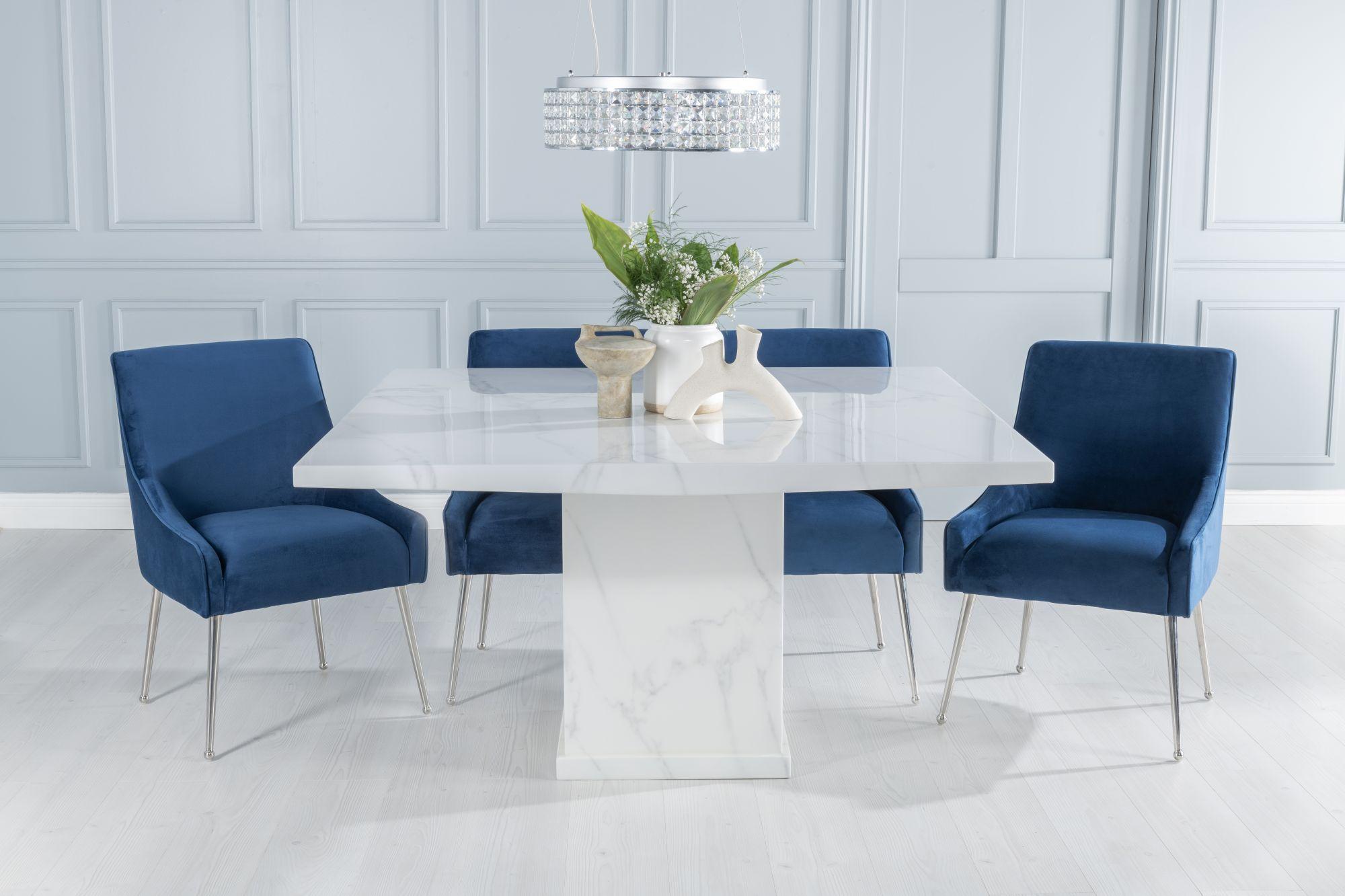 Turin Marble Dining Table, Square White Top and Pedestal Base with Giovanni Blue Fabric Chairs