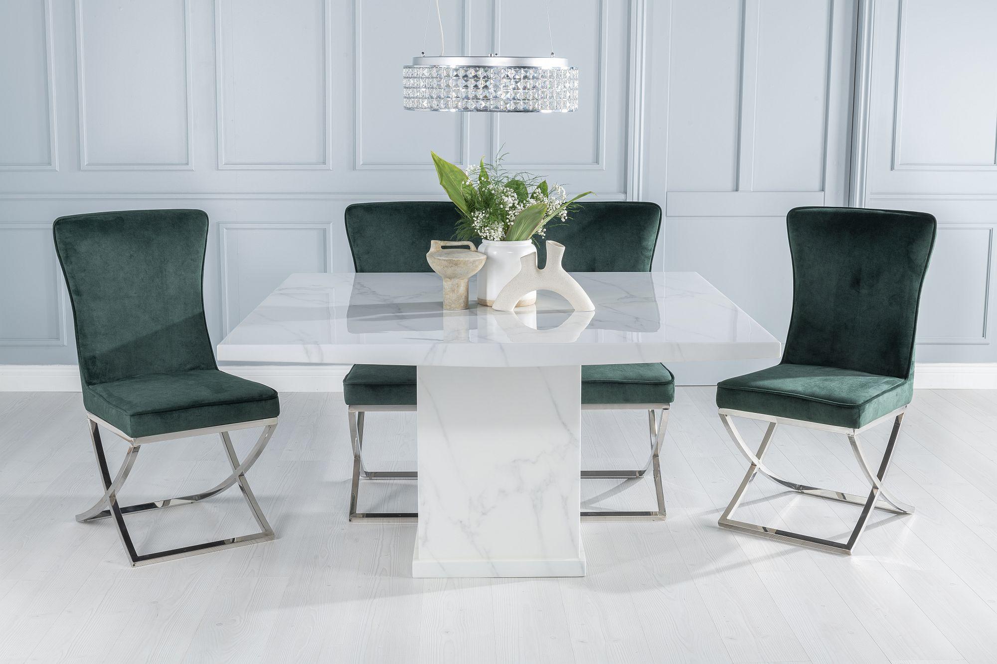 Turin Marble Dining Table, Square White Top and Pedestal Base with Lyon Green Fabric Chairs