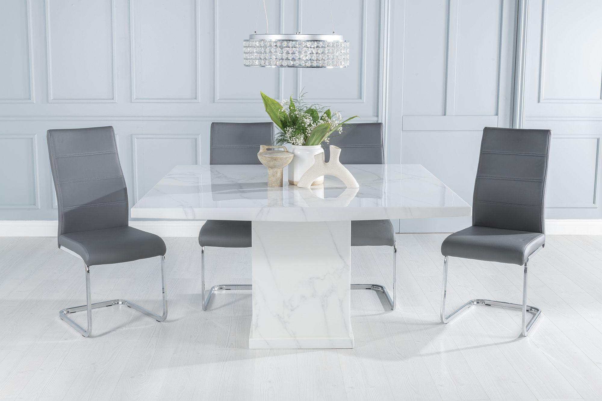 Turin Marble Dining Table, Square White Top and Pedestal Base with Malibu Dark Grey Faux Leather Chairs