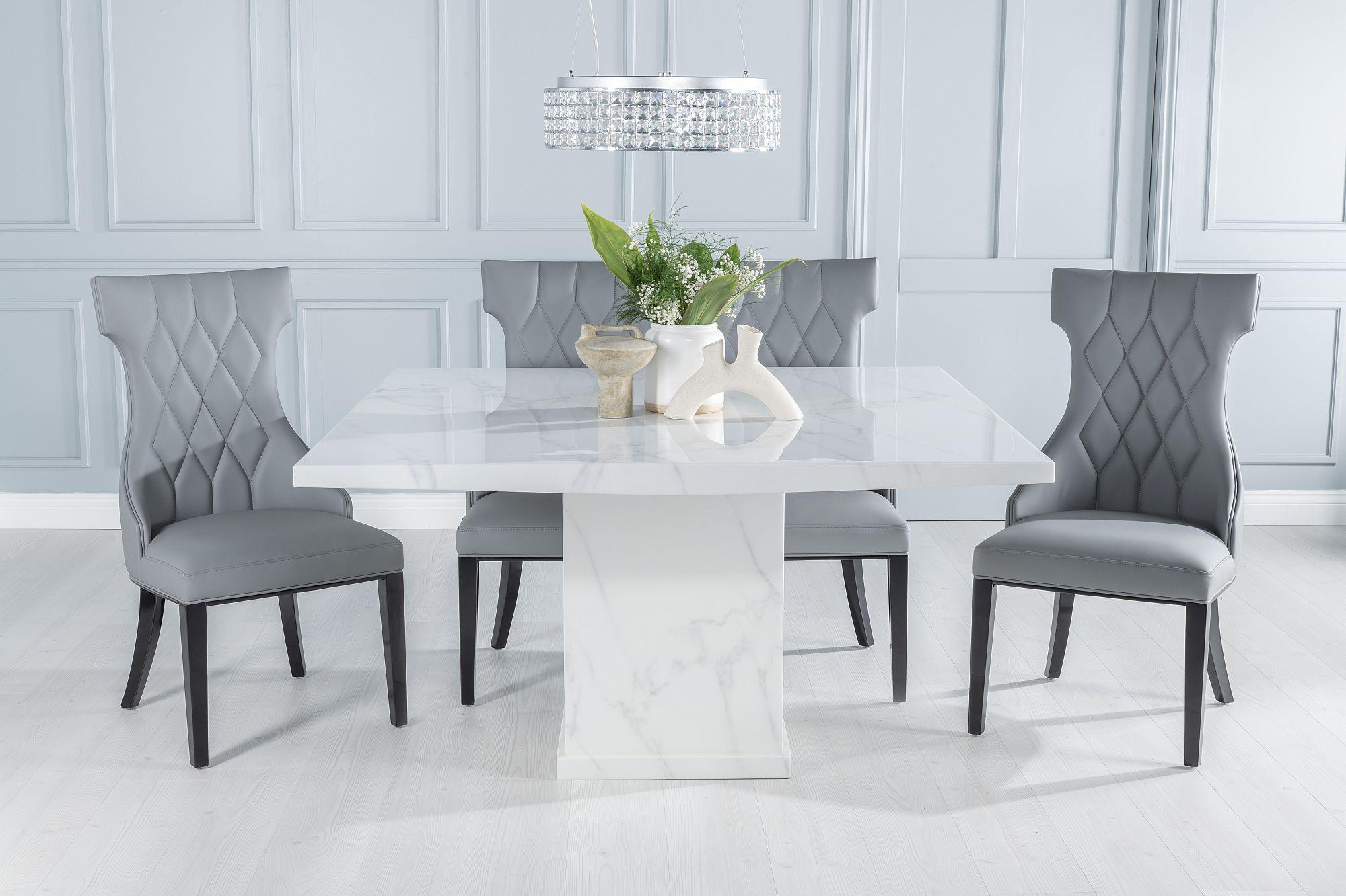 Turin Marble Dining Table, Square White Top and Pedestal Base with Mimi Grey Faux Leather Chairs