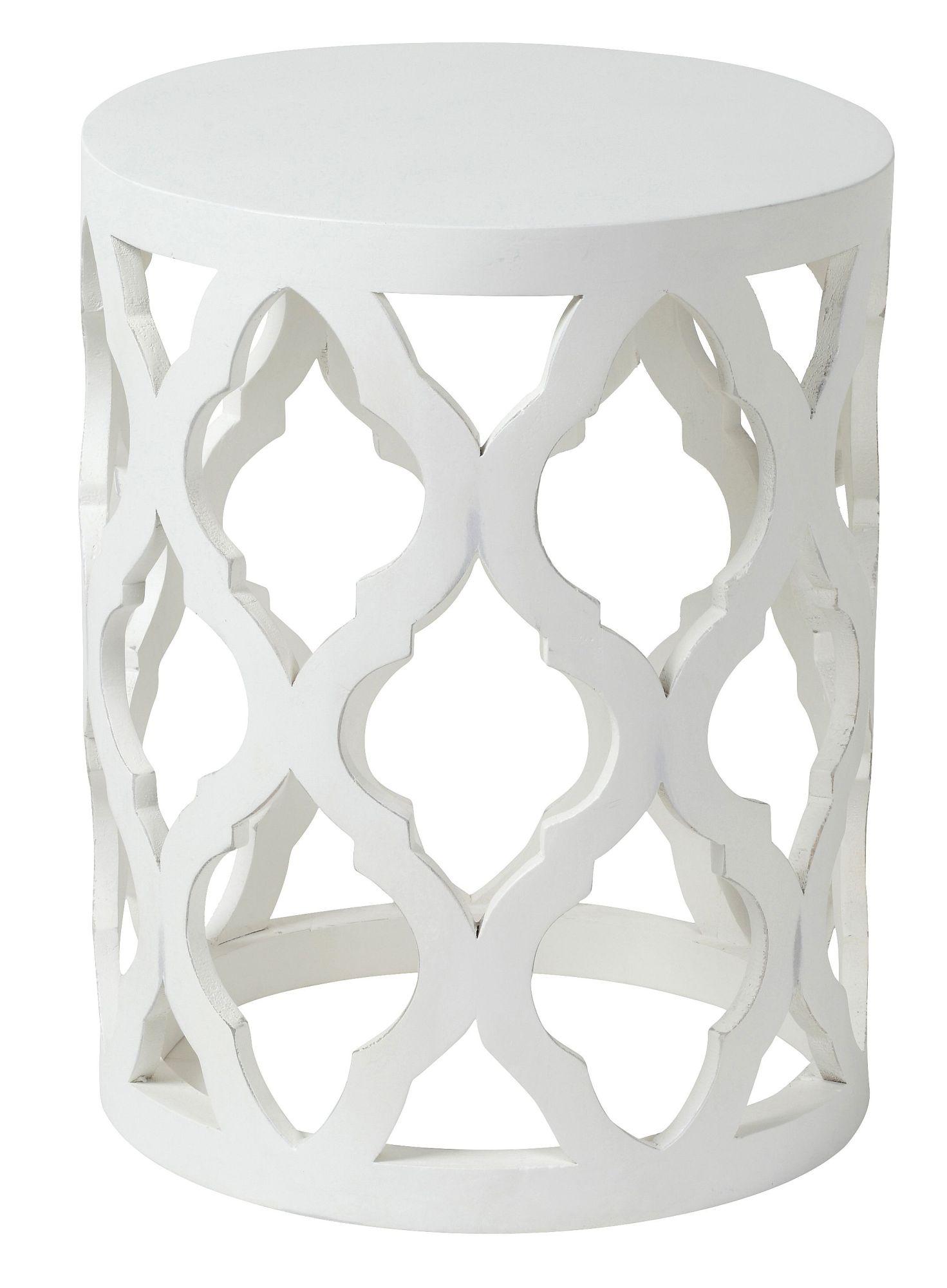 Boho White Carved Wooden Round Lamp Table