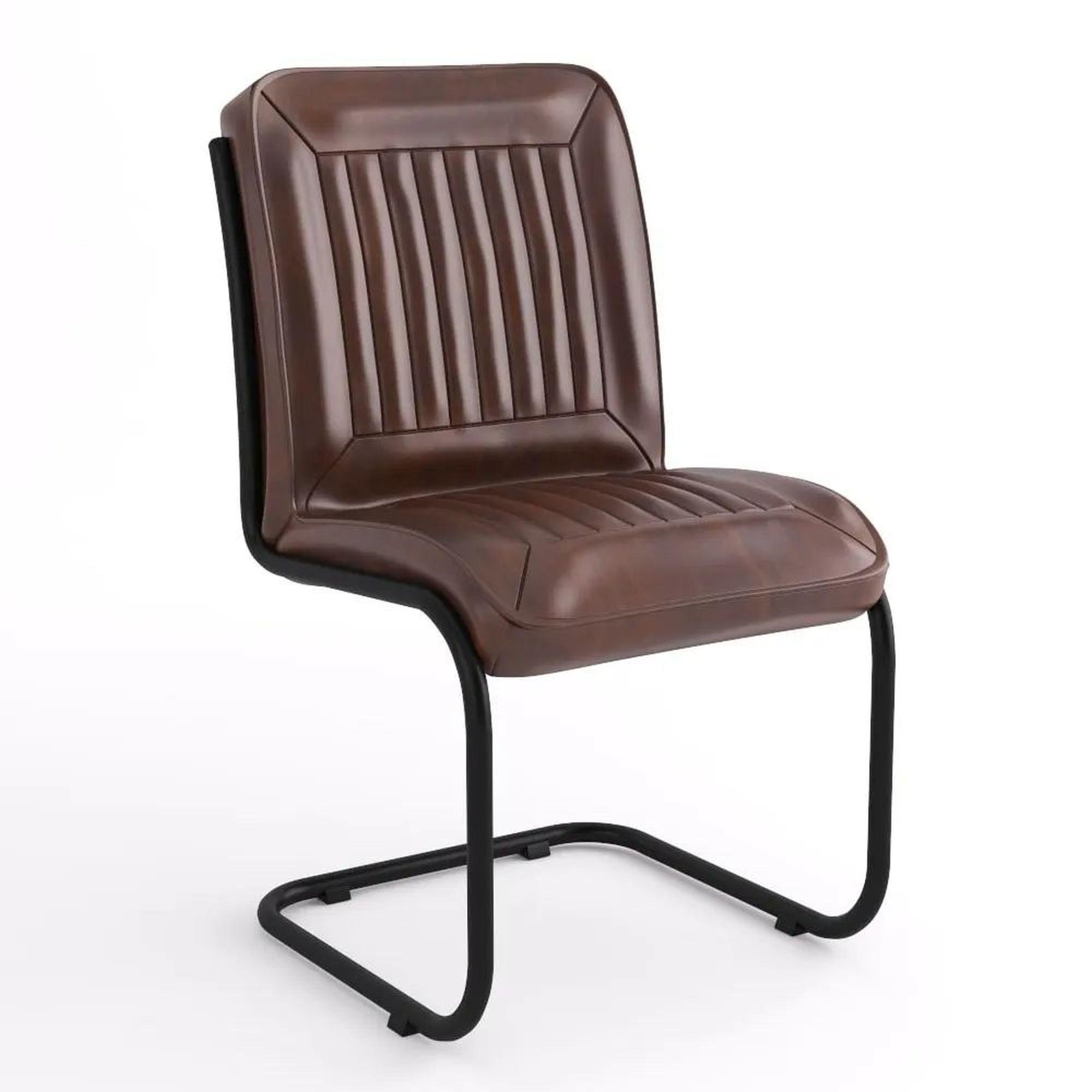 Felix Industrial Brown Dining Chair, Genuine Real Buffalo Leather with Cantiliver Base