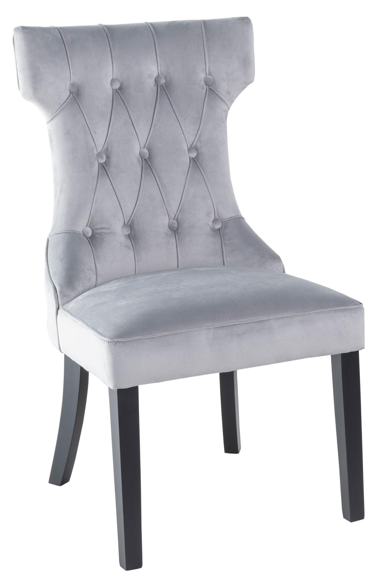 Courtney Light Grey Dining Chair, Tufted Velvet Fabric Upholstered with Black Wooden Legs