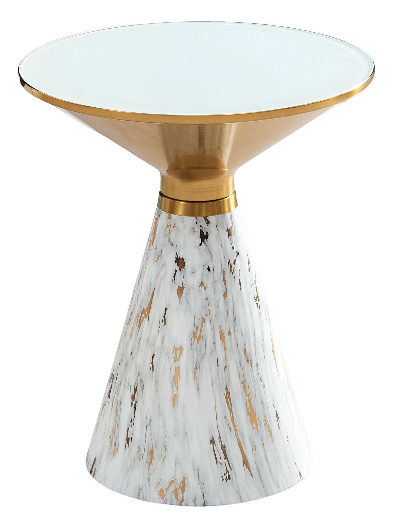 Funnel White Ceramic Round Side Table with White and Gold Trim