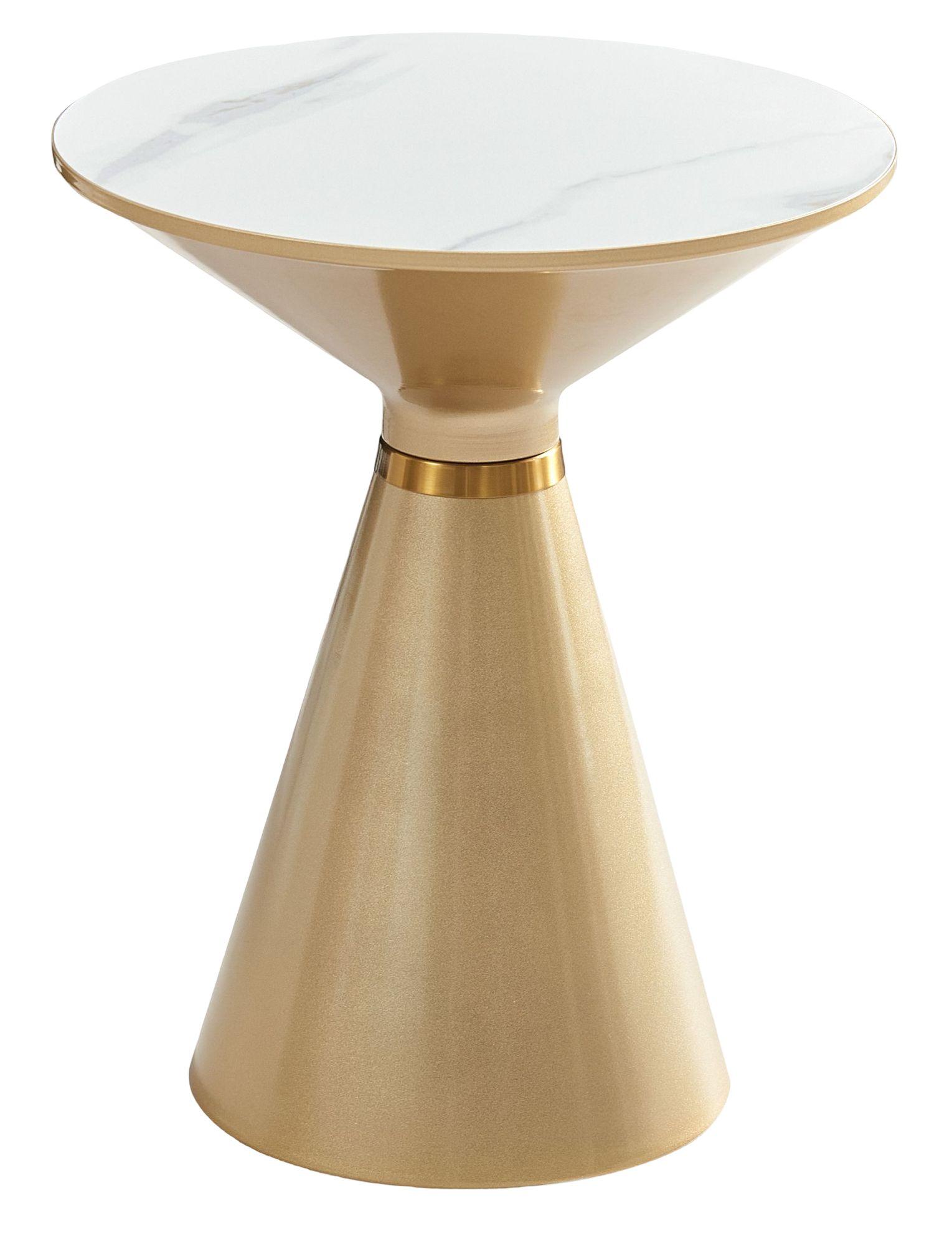Funnel White Ceramic Round Side Table with Gold Trim