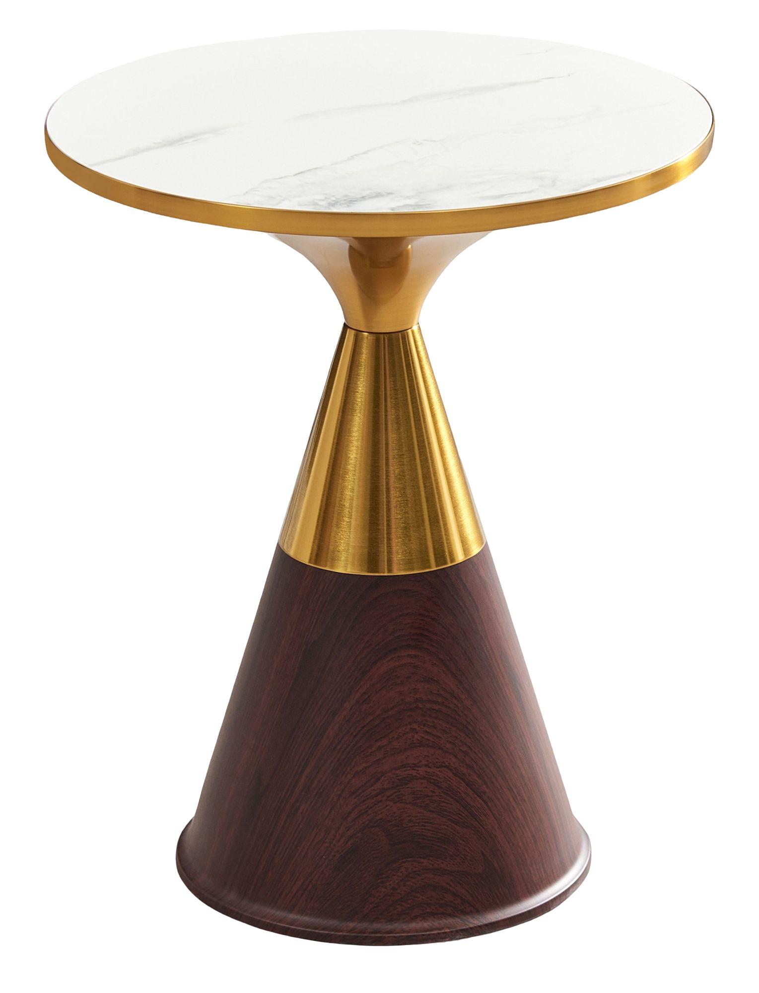 Hourglass White Ceramic Round Side Table with Walnut Base and Gold Trim