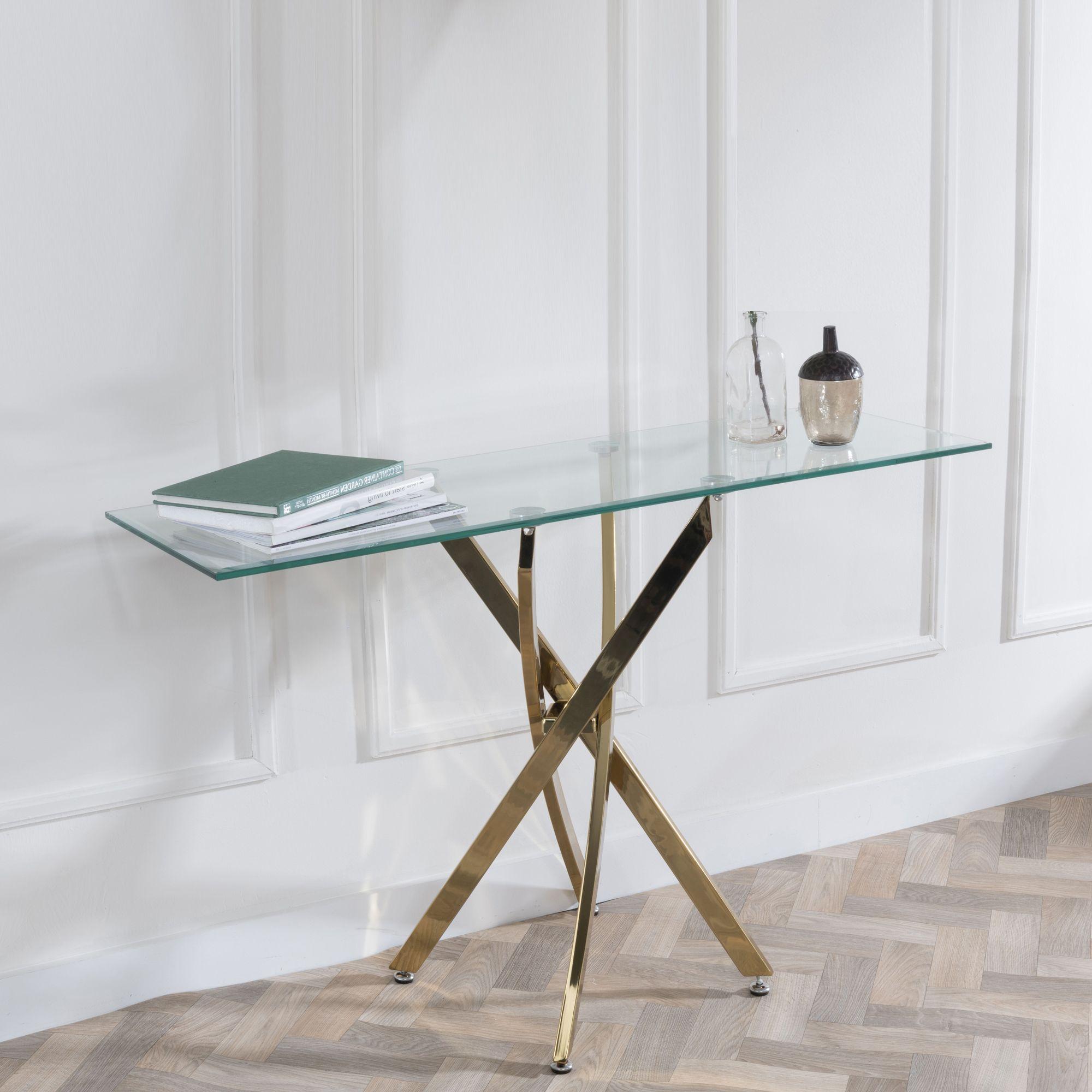 Clearance - Chopstick Clear Glass Console Table with Gold Metal Legs