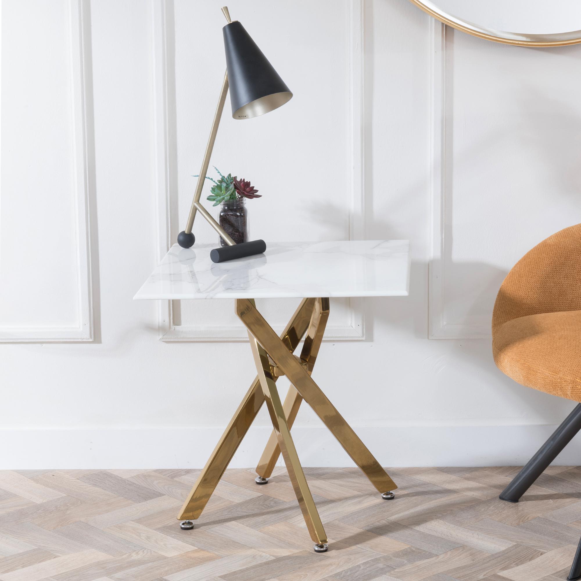 Chopstick White Glass Square Side Table with Gold Metal Legs