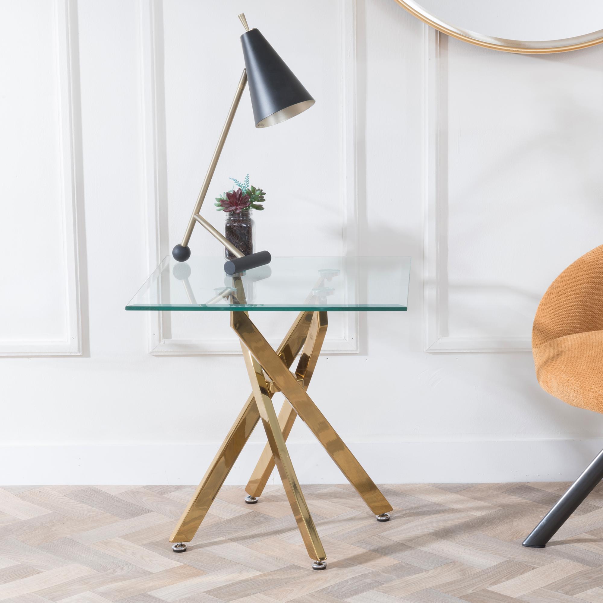 Clearance - Chopstick Clear Glass Square Side Table with Gold Metal Legs