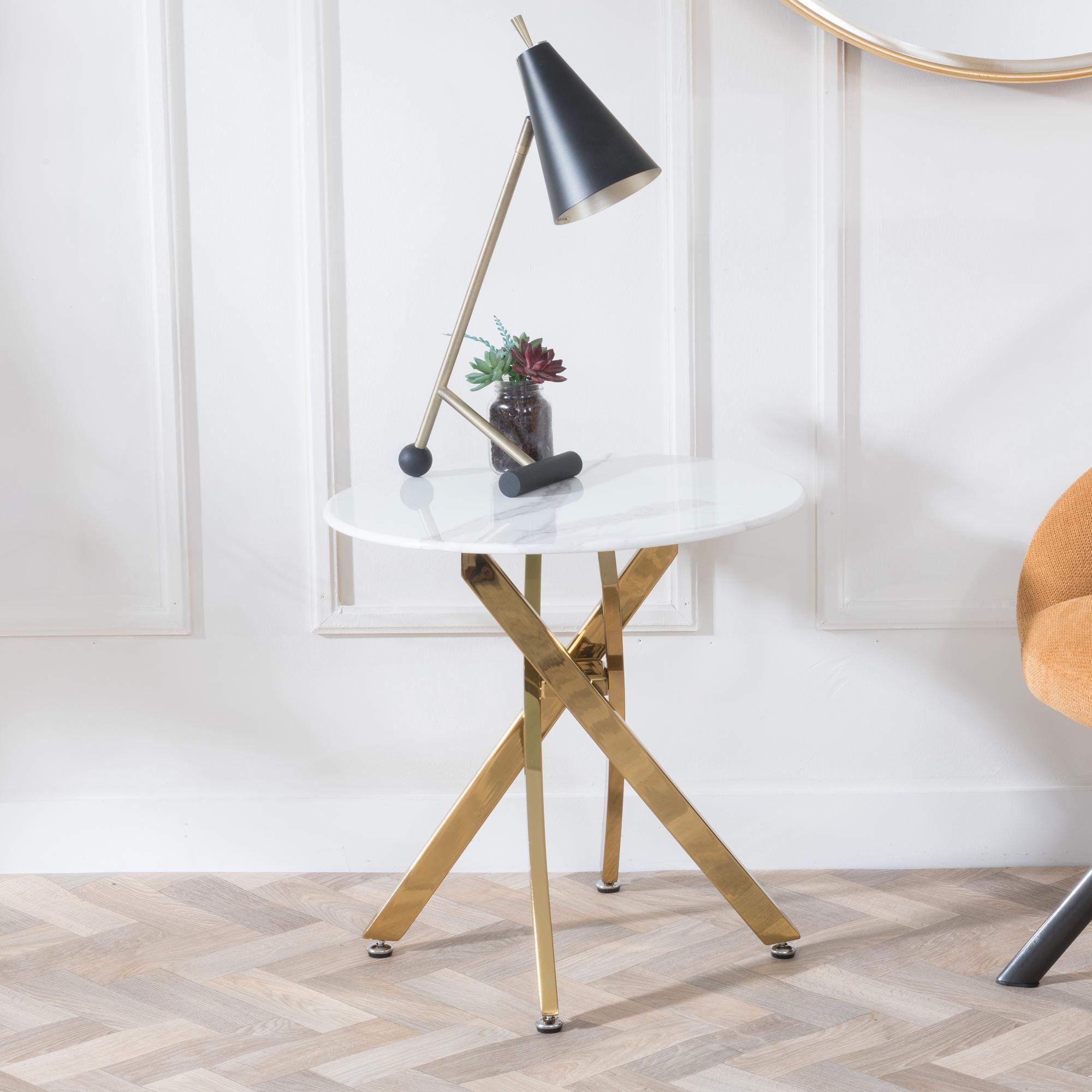 Chopstick White Glass Round Side Table with Gold Metal Legs