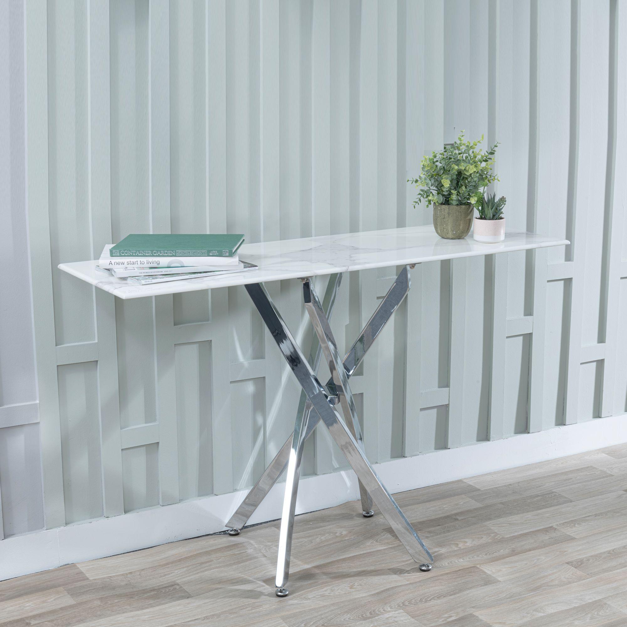 Chopstick White Glass Console Table with Chrome Metal Legs