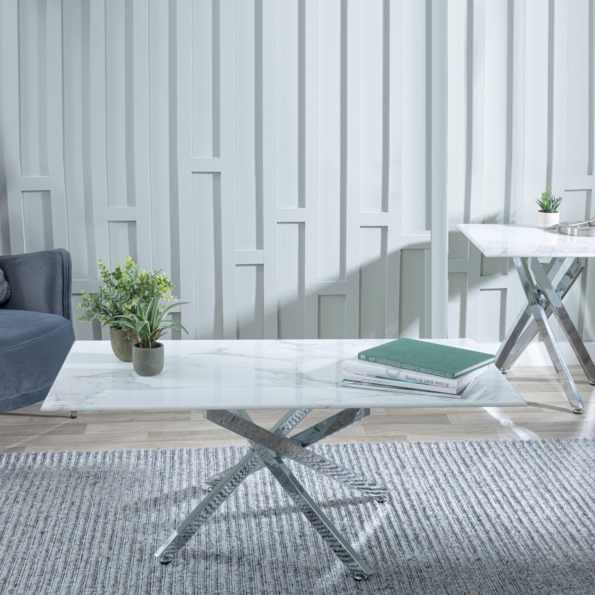 Chopstick White Glass Coffee Table with Chrome Metal Legs