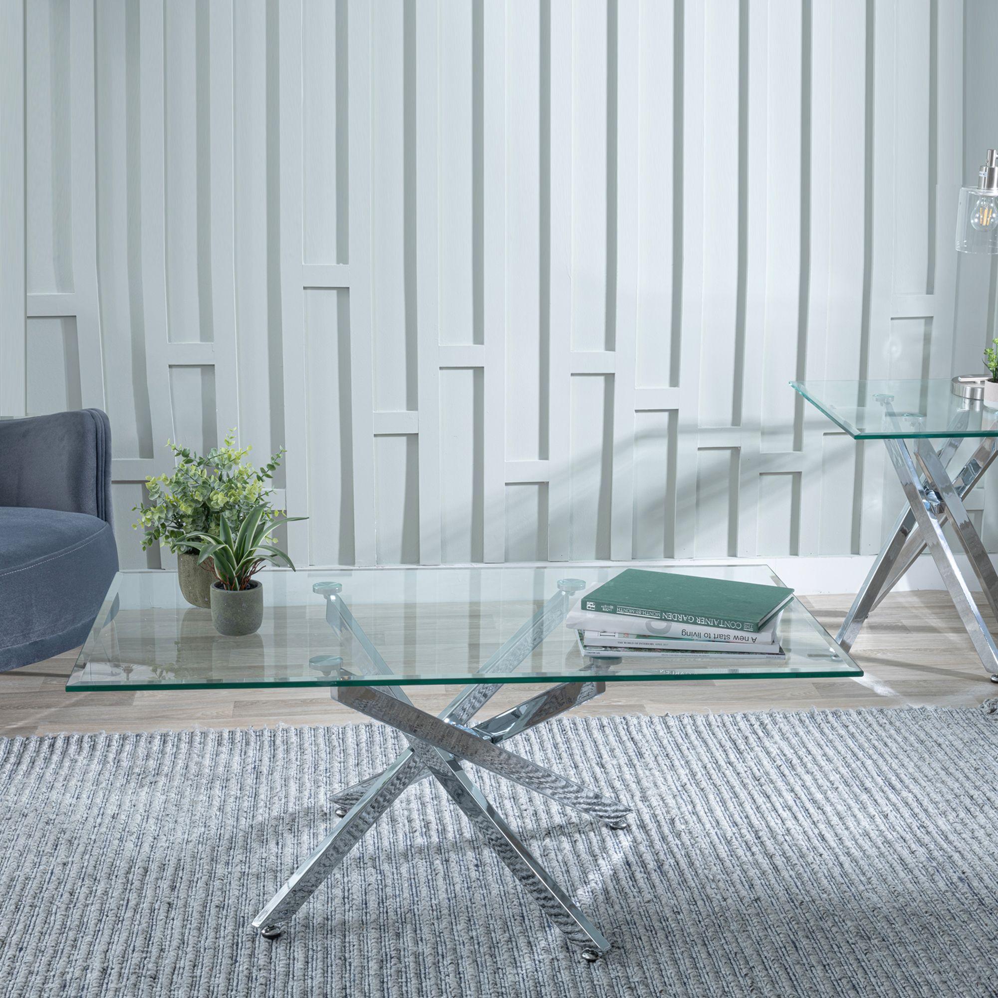 Clearance - Chopstick Clear Glass Coffee Table with Chrome Metal Legs