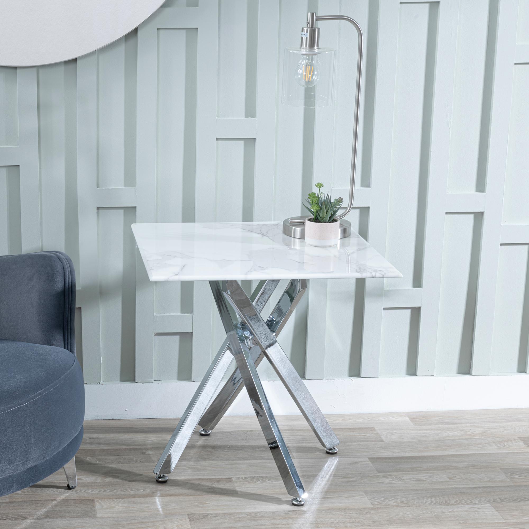 Chopstick White Glass Square Side Table with Chrome Metal Legs