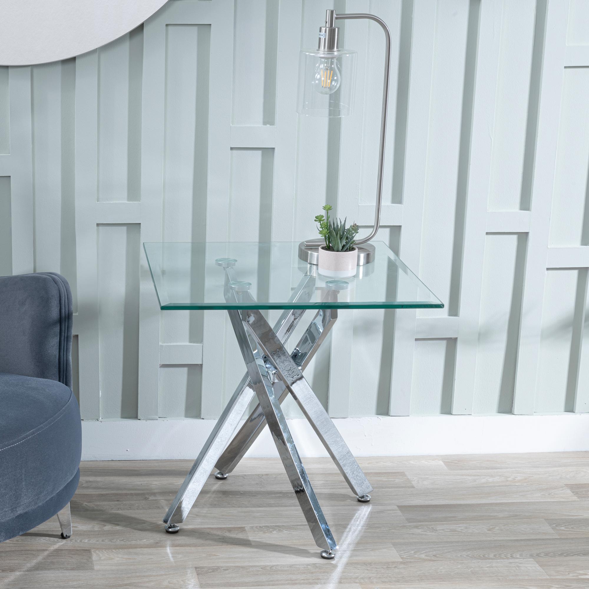 Clearance - Chopstick Clear Glass Square Side Table with Chrome Metal Legs