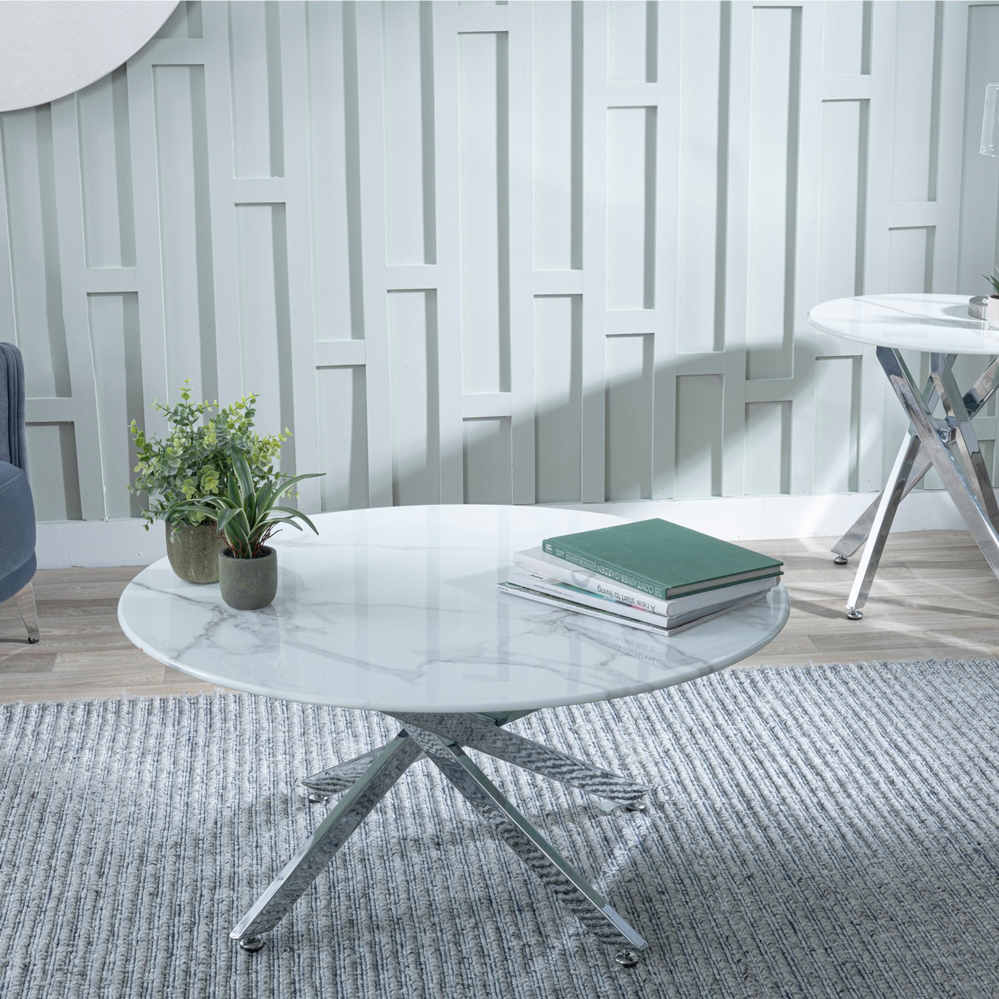 Chopstick White Glass Round Coffee Table with Chrome Metal Legs