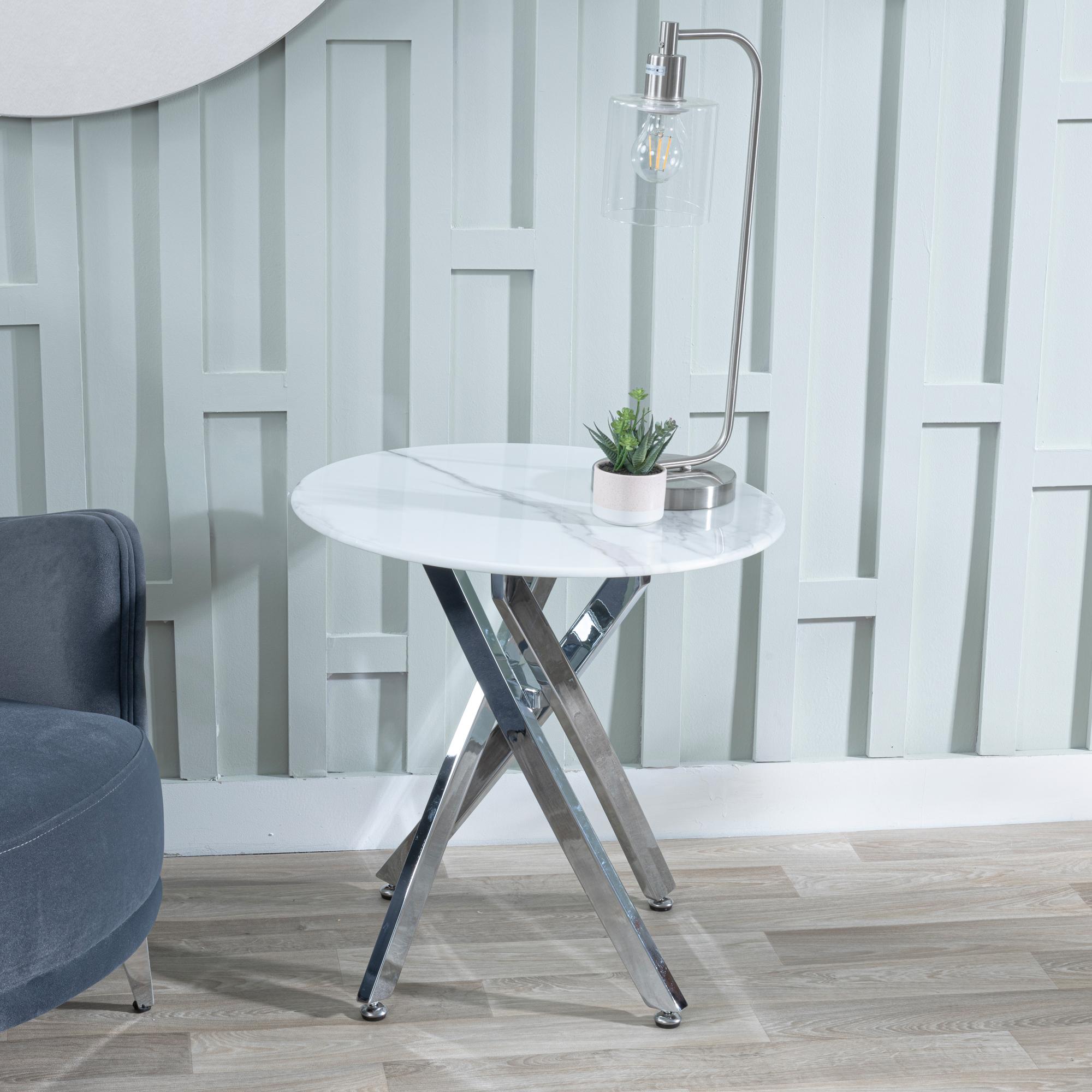 Chopstick White Glass Round Side Table with Chrome Metal Legs