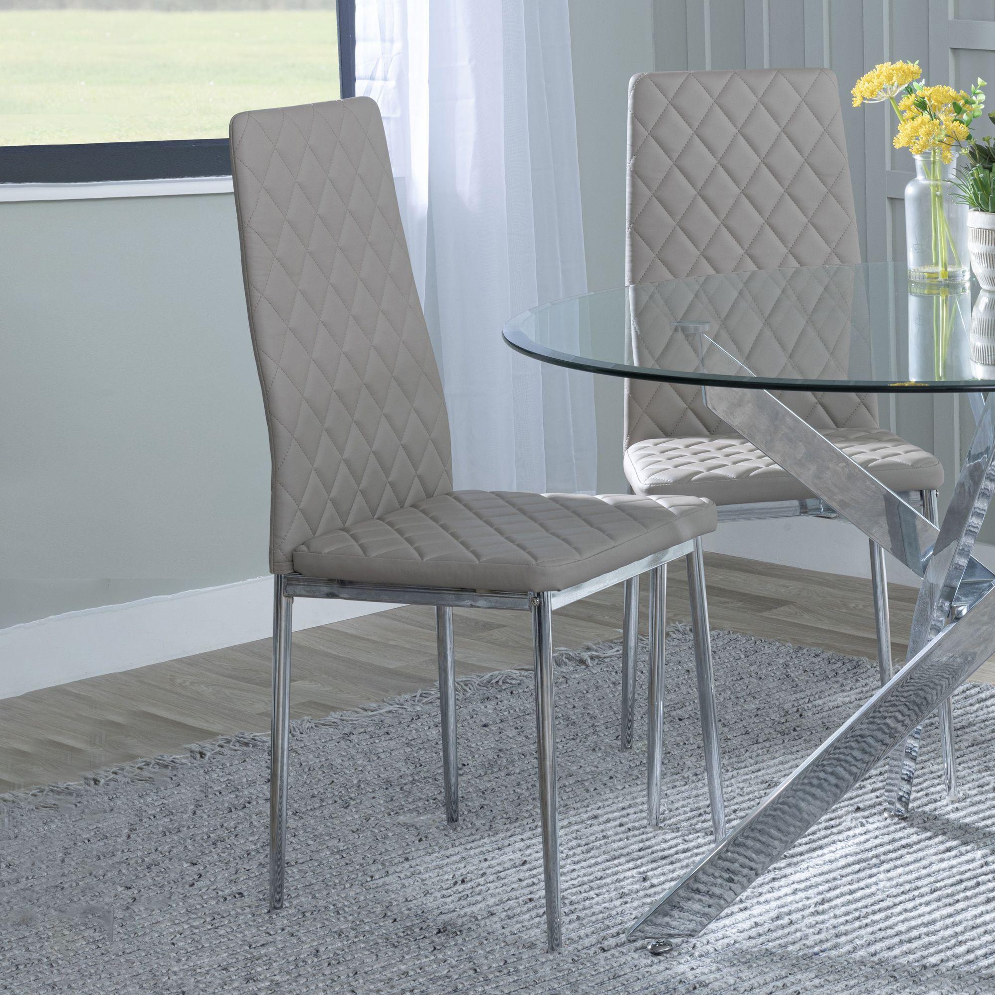 Set of 2 Metro Dining Chairs in Beige Colour Leather and Chrome Metal Legs