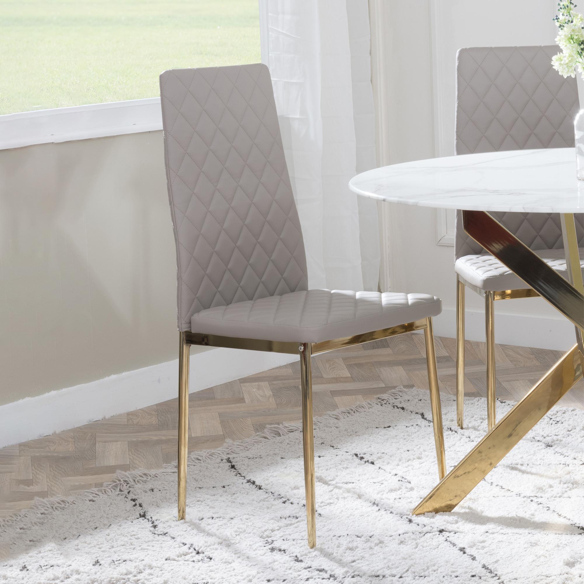 Set of 2 Metro Dining Chairs in Beige Colour Leather and Gold Metal Legs