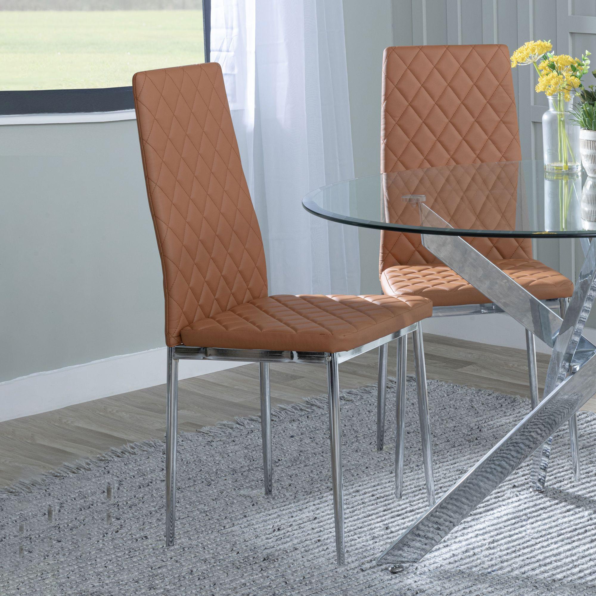 Set of 2 Metro Dining Chairs in Burnt Orange Colour Leather and Chrome Metal Legs