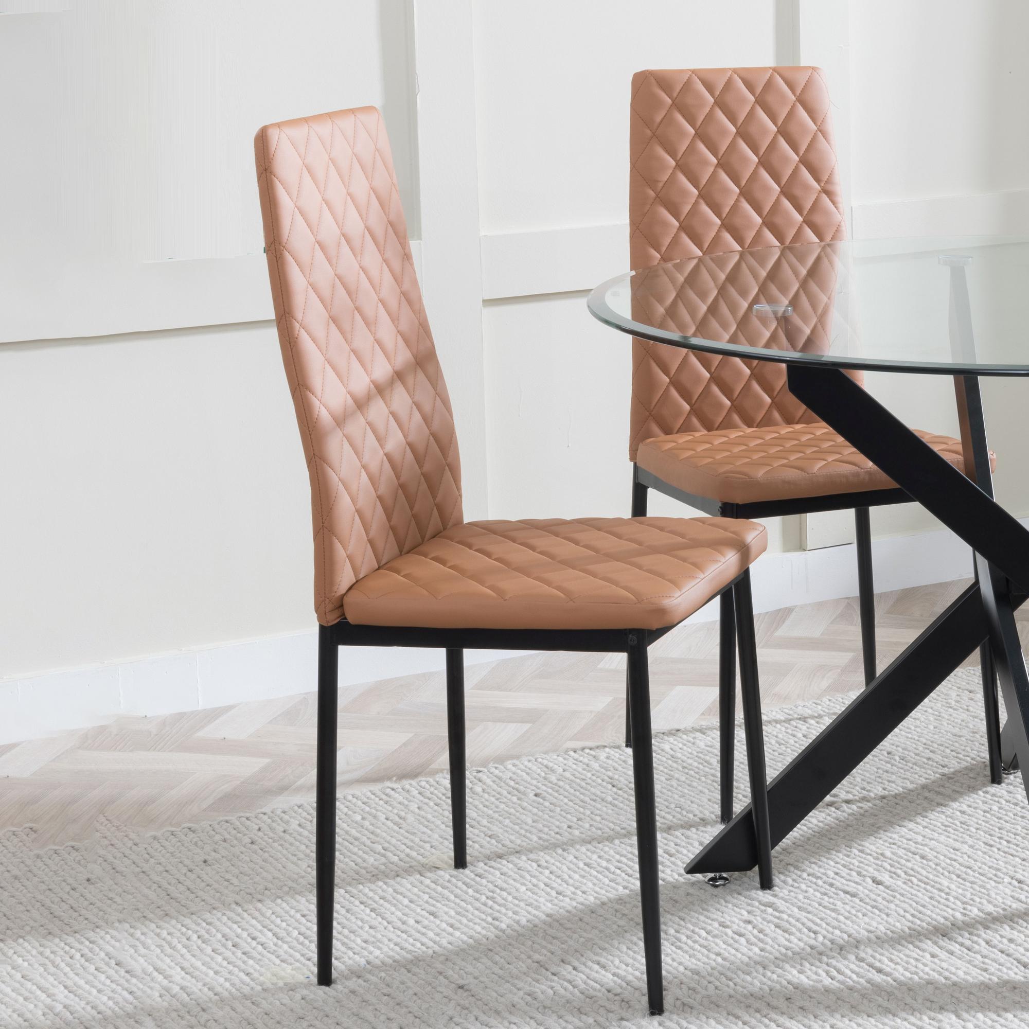 Set of 2 Metro Dining Chairs in Burnt Orange Colour Leather and Black Metal Legs