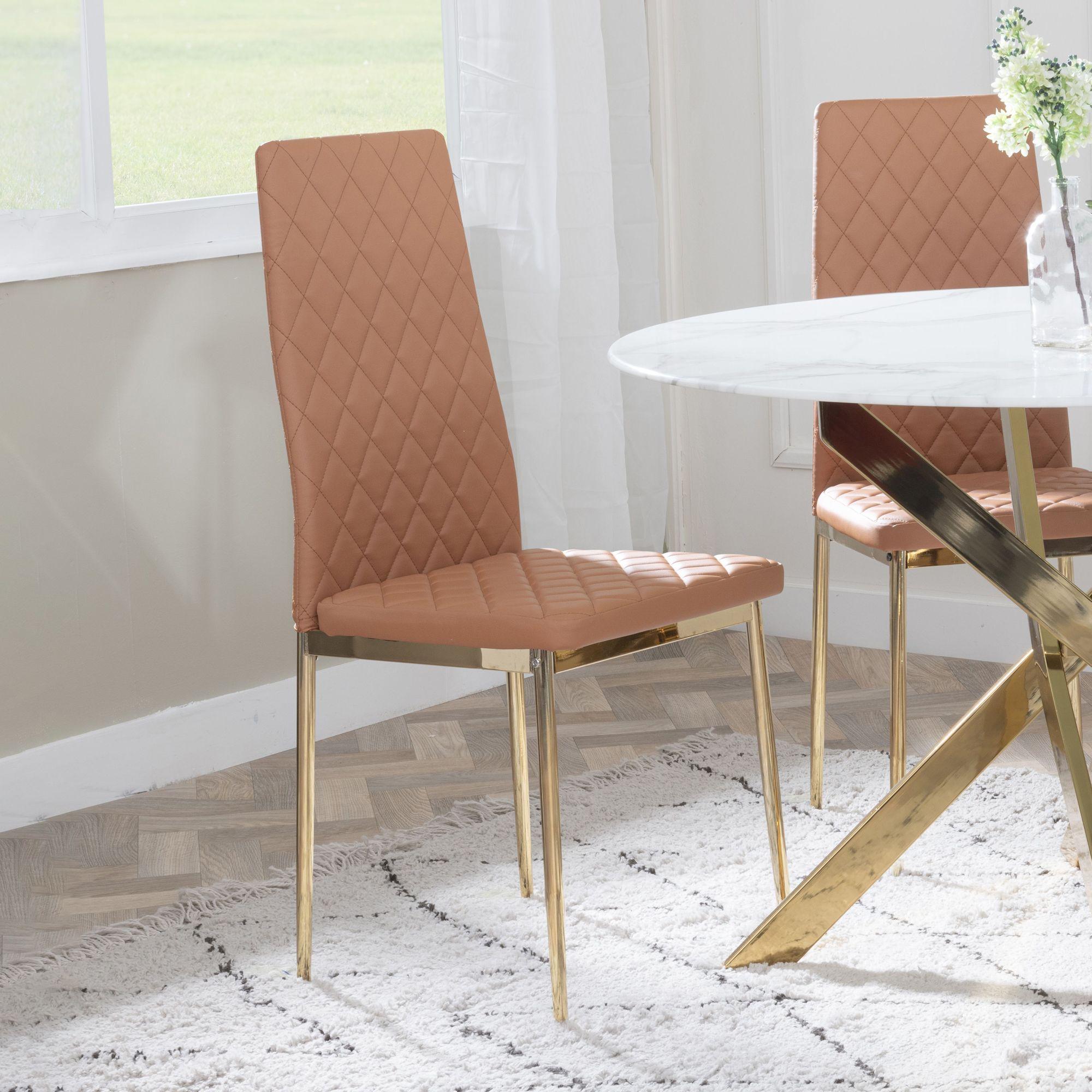 Set of 2 Metro Dining Chairs in Burnt Orange Colour Leather and Gold Metal Legs