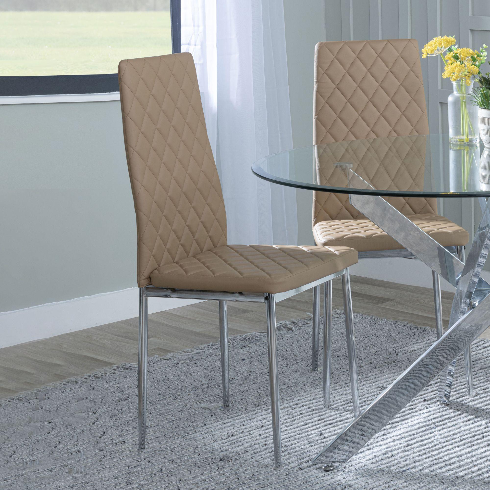 Set of 2 Metro Dining Chairs in Cappuccino Colour Leather and Chrome Metal Legs