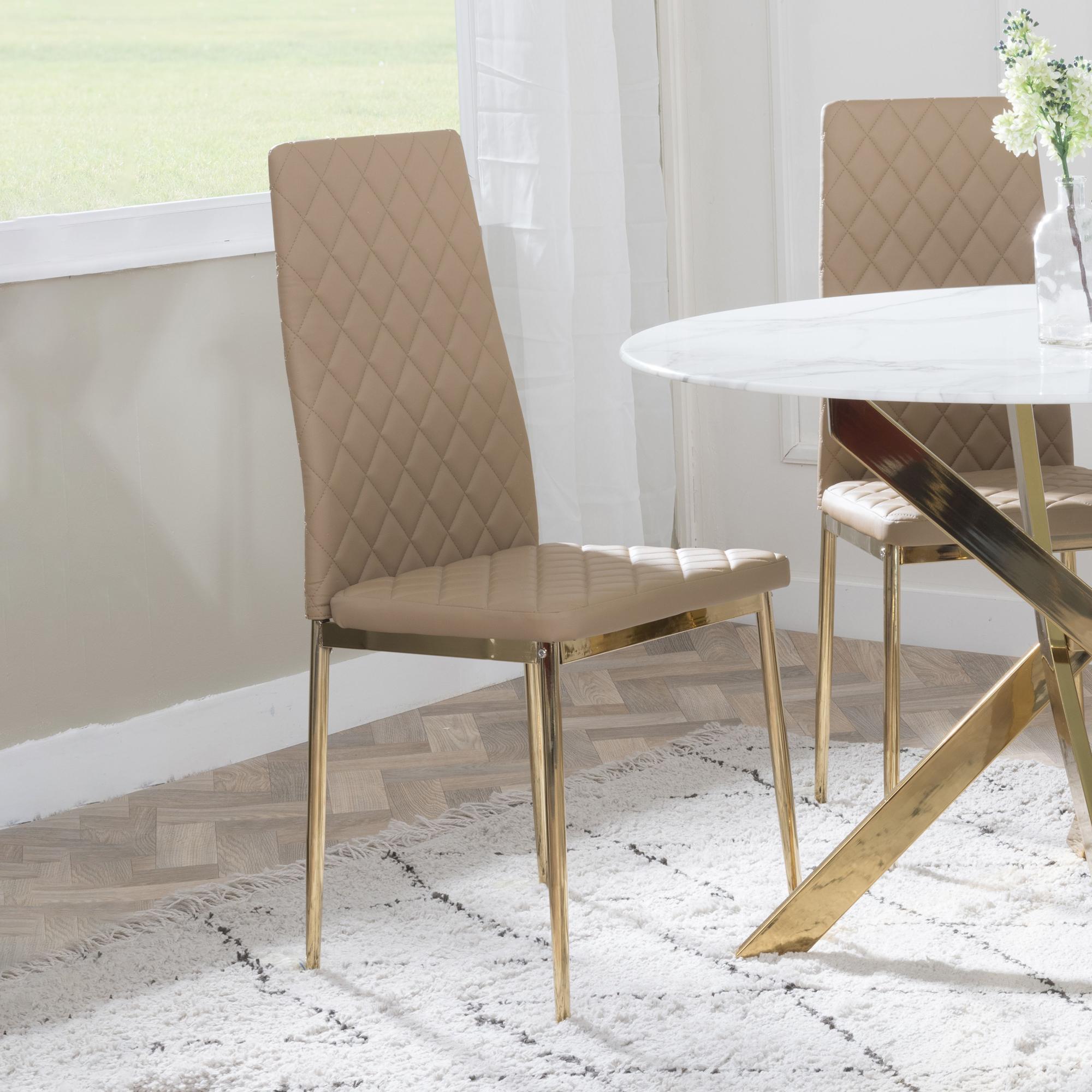 Set of 2 Metro Dining Chairs in Cappuccino Colour Leather and Gold Metal Legs