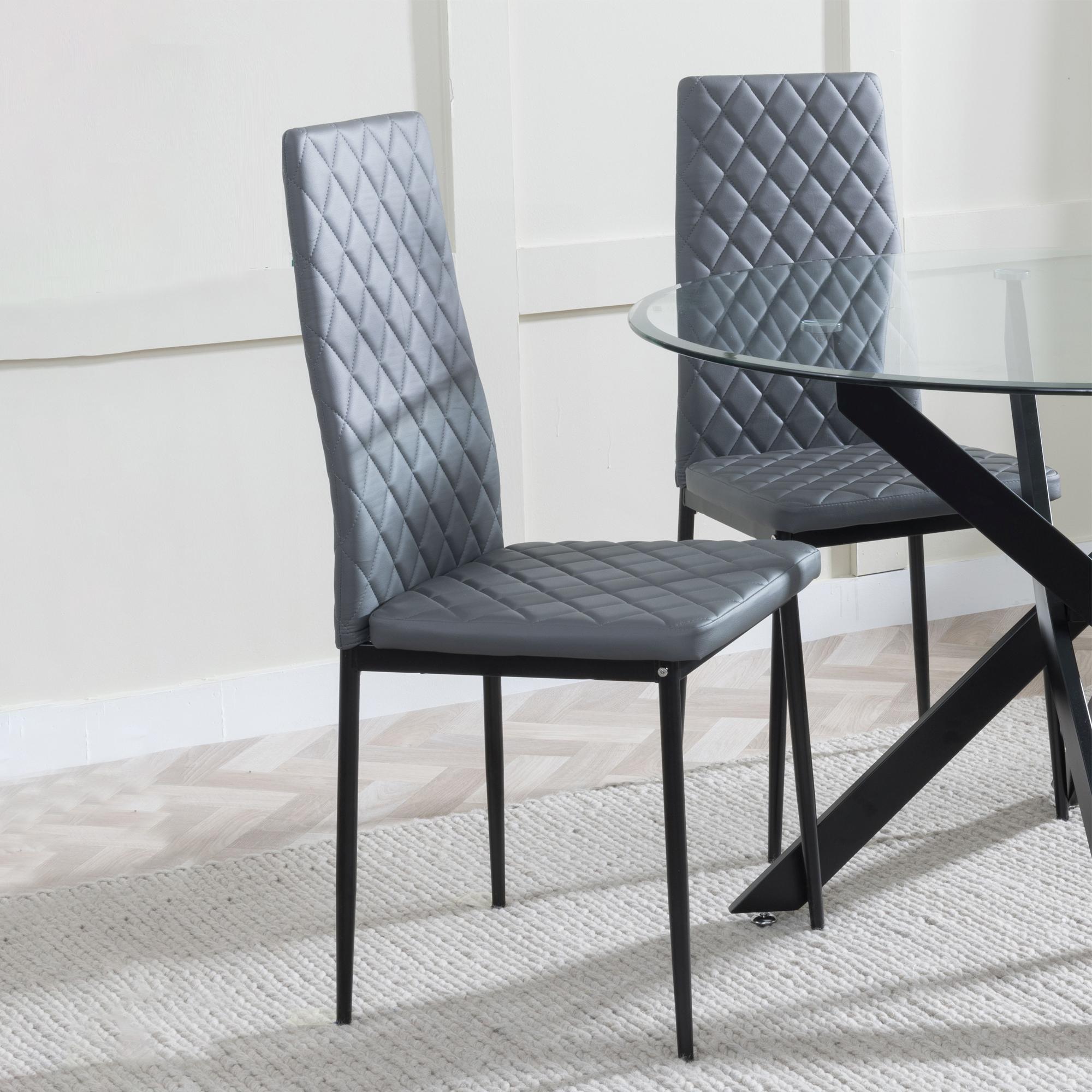 Set of 2 Metro Dining Chairs in Grey Colour Leather and Black Metal Legs