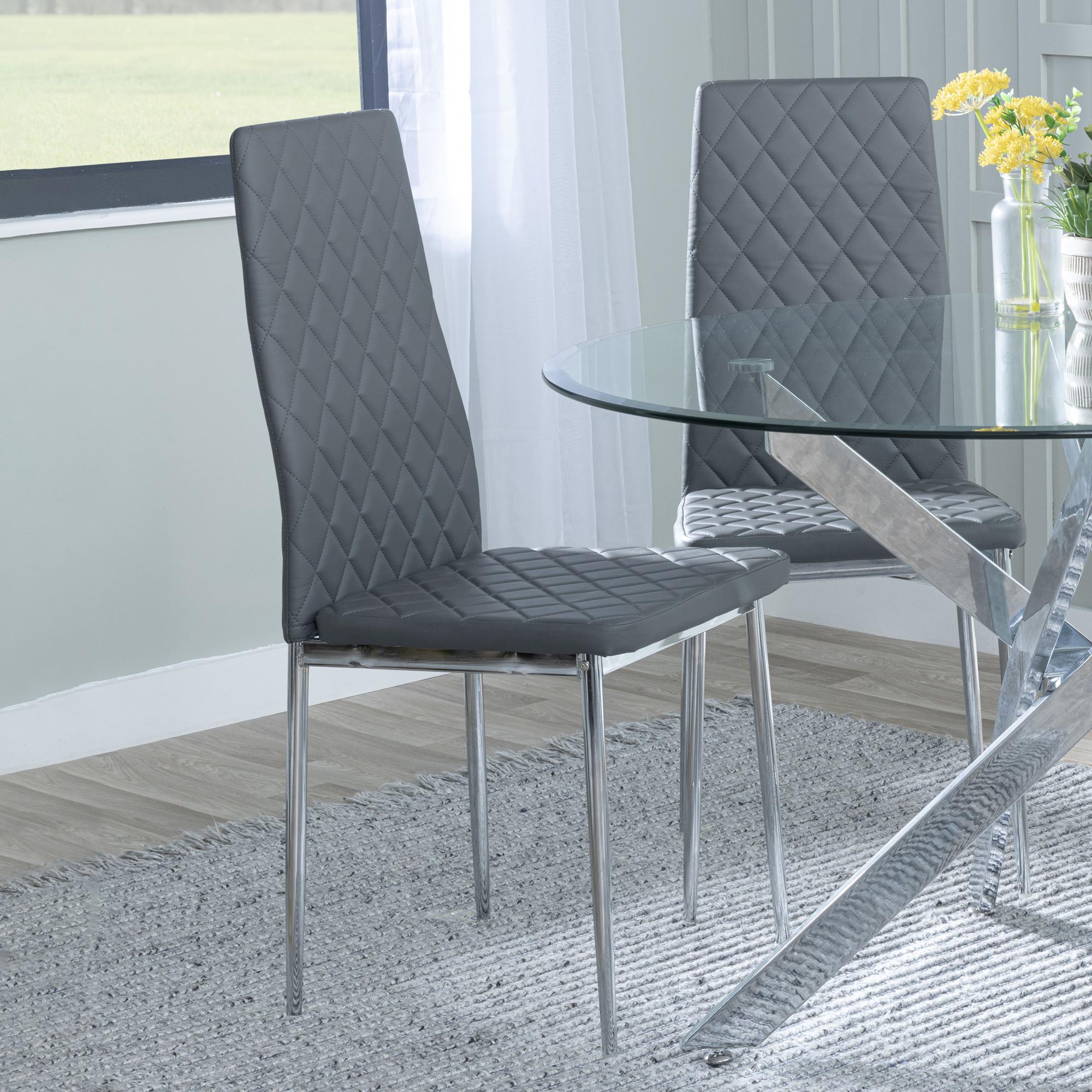 Set of 2 Metro Dining Chairs in Grey Colour Leather and Chrome Metal Legs